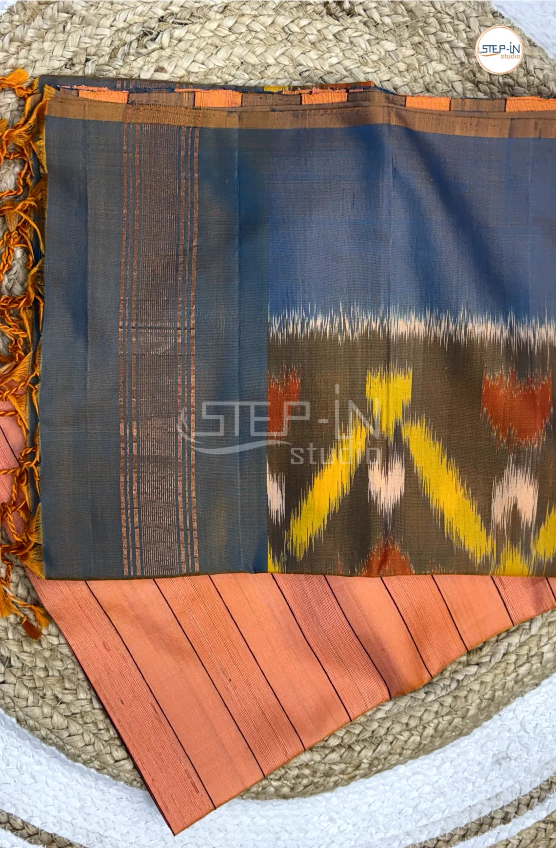 Peach & Grey Floral Striped Design Soft Silk Saree With Contrast Blouse & Ikat Design Pallu