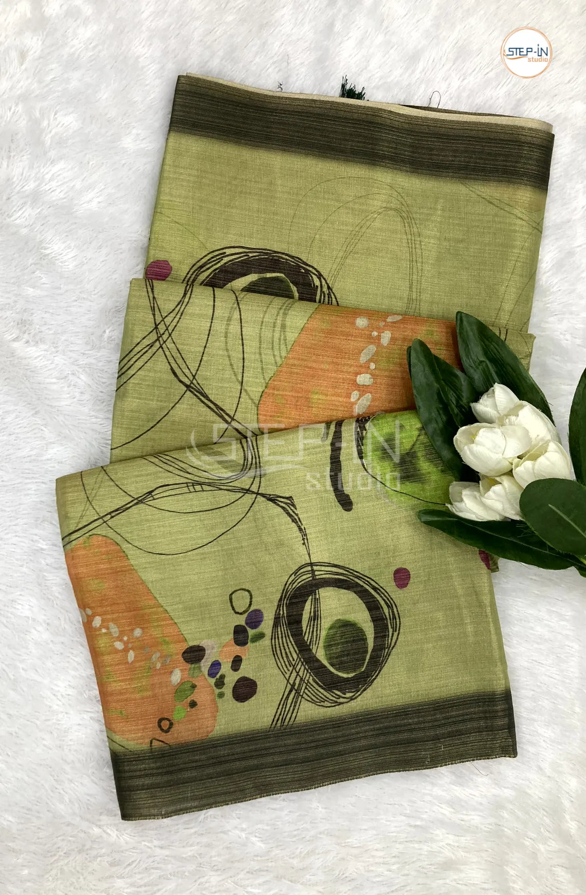 Abstract Printed Khadi Saree-Green