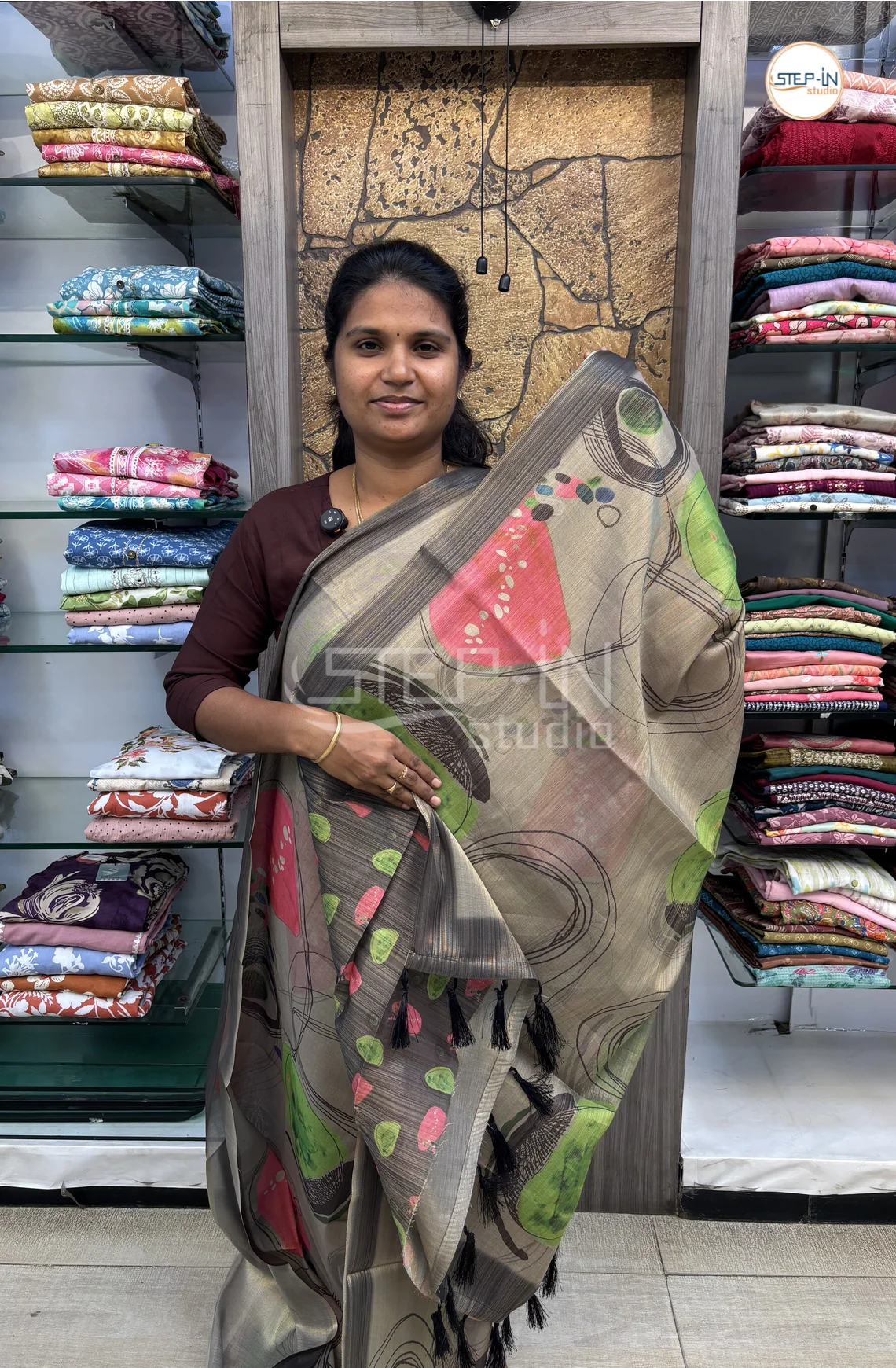 Abstract Printed Khadi Saree-Grey
