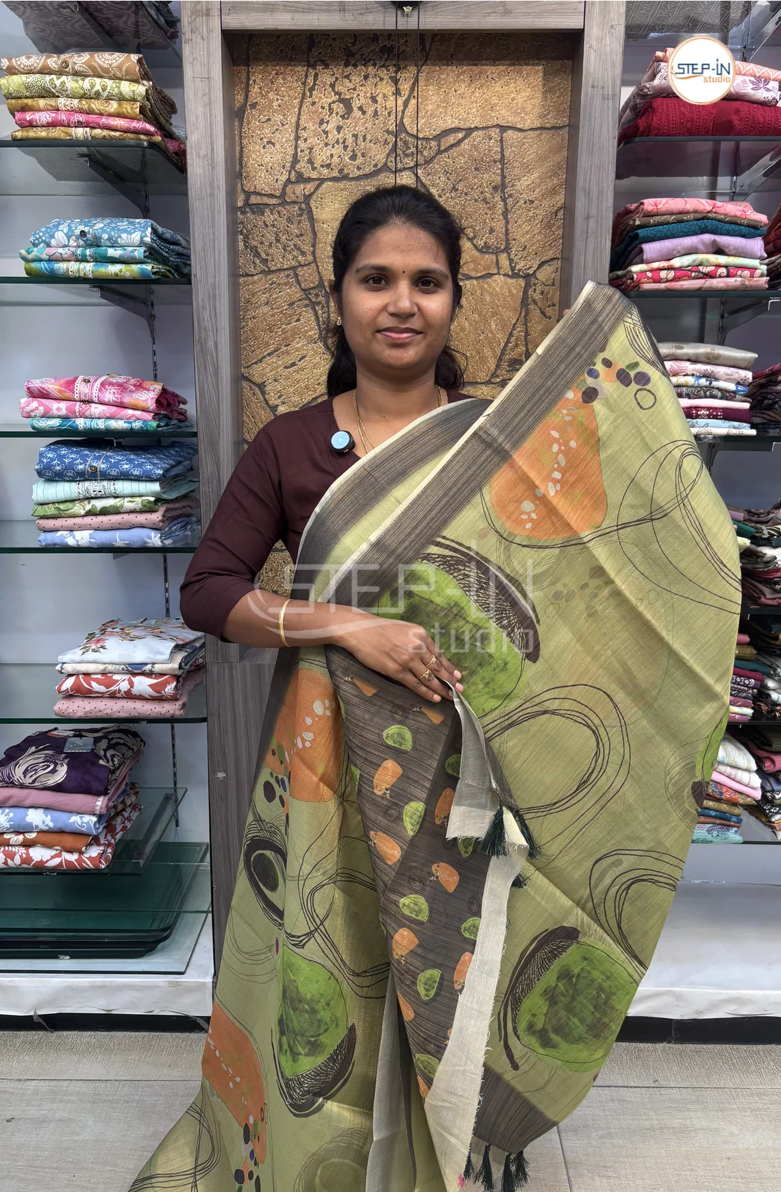 Abstract Printed Khadi Saree-MintGreen