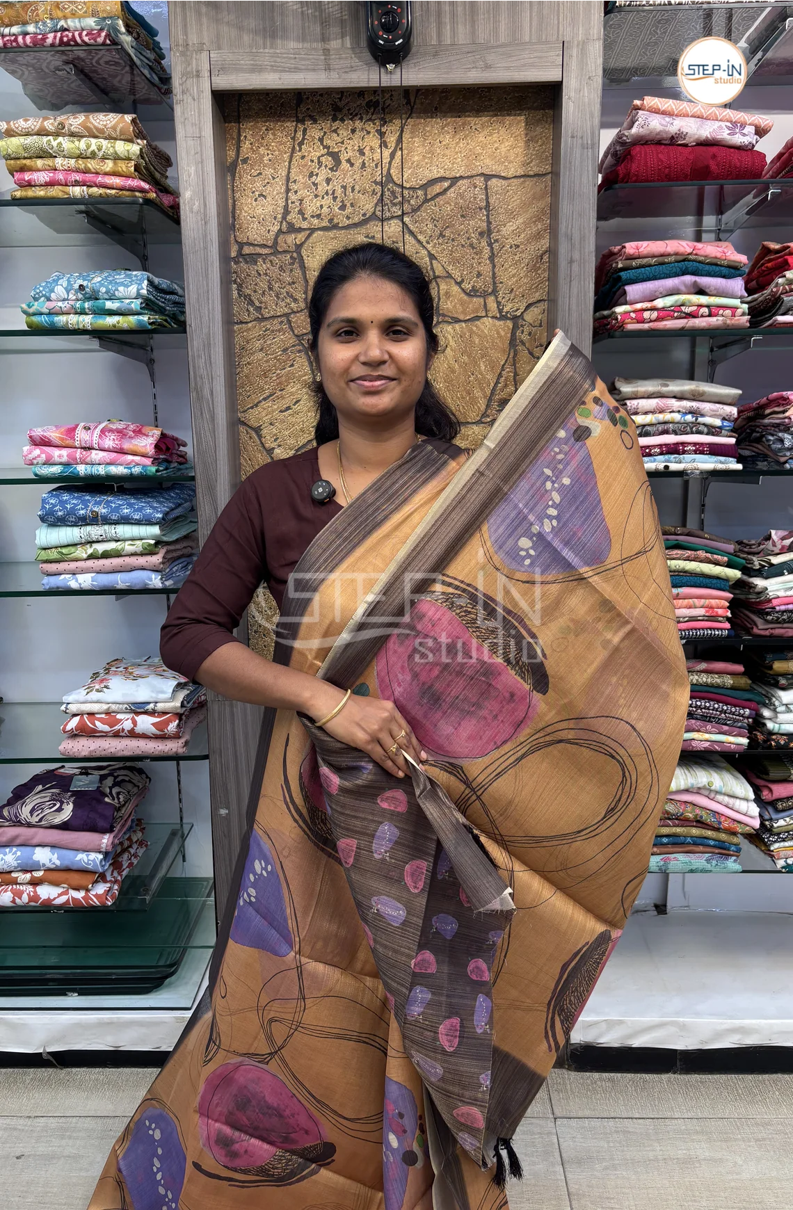 Abstract Printed Khadi Saree-Peach