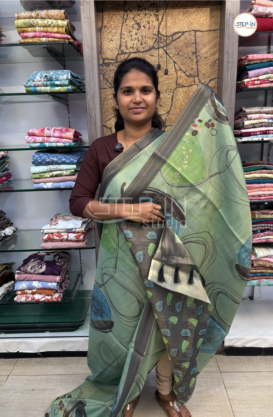 Abstract Printed Khadi Saree-LightGreen