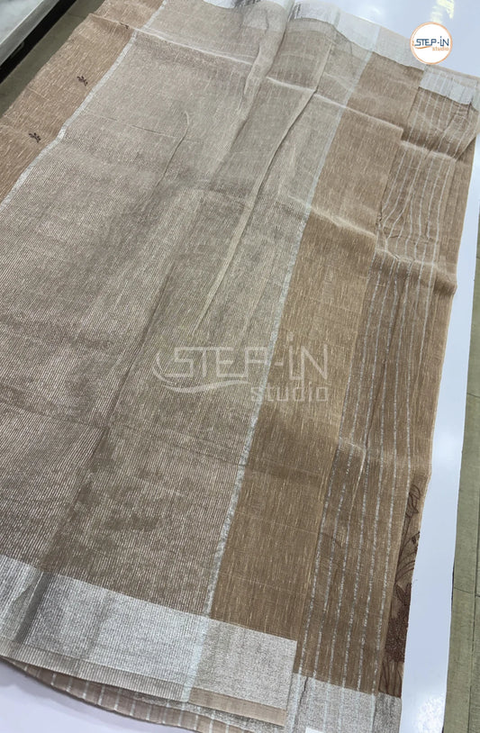 Art Linen Tissue Saree with Embroidery - Brown