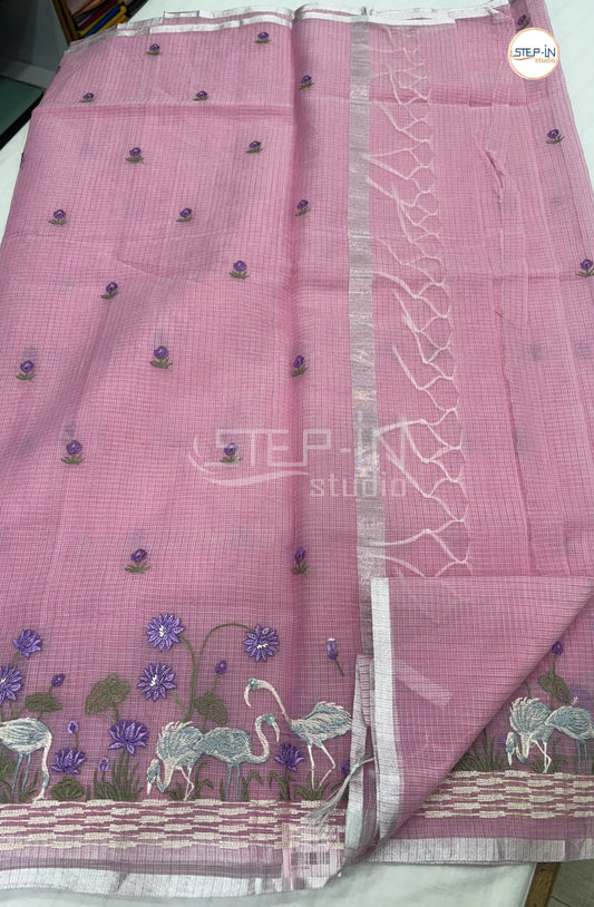 Art Linen Tissu Saree with Embroidery - Pink