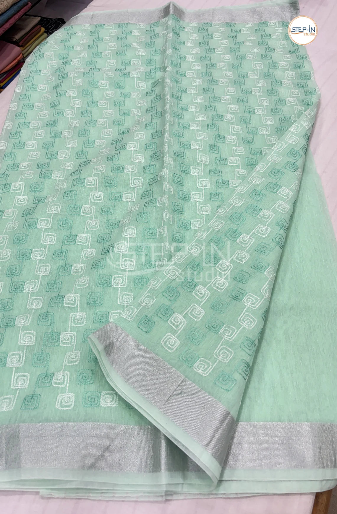 Art Linen Tissue Saree with Embroidery - Mint Green