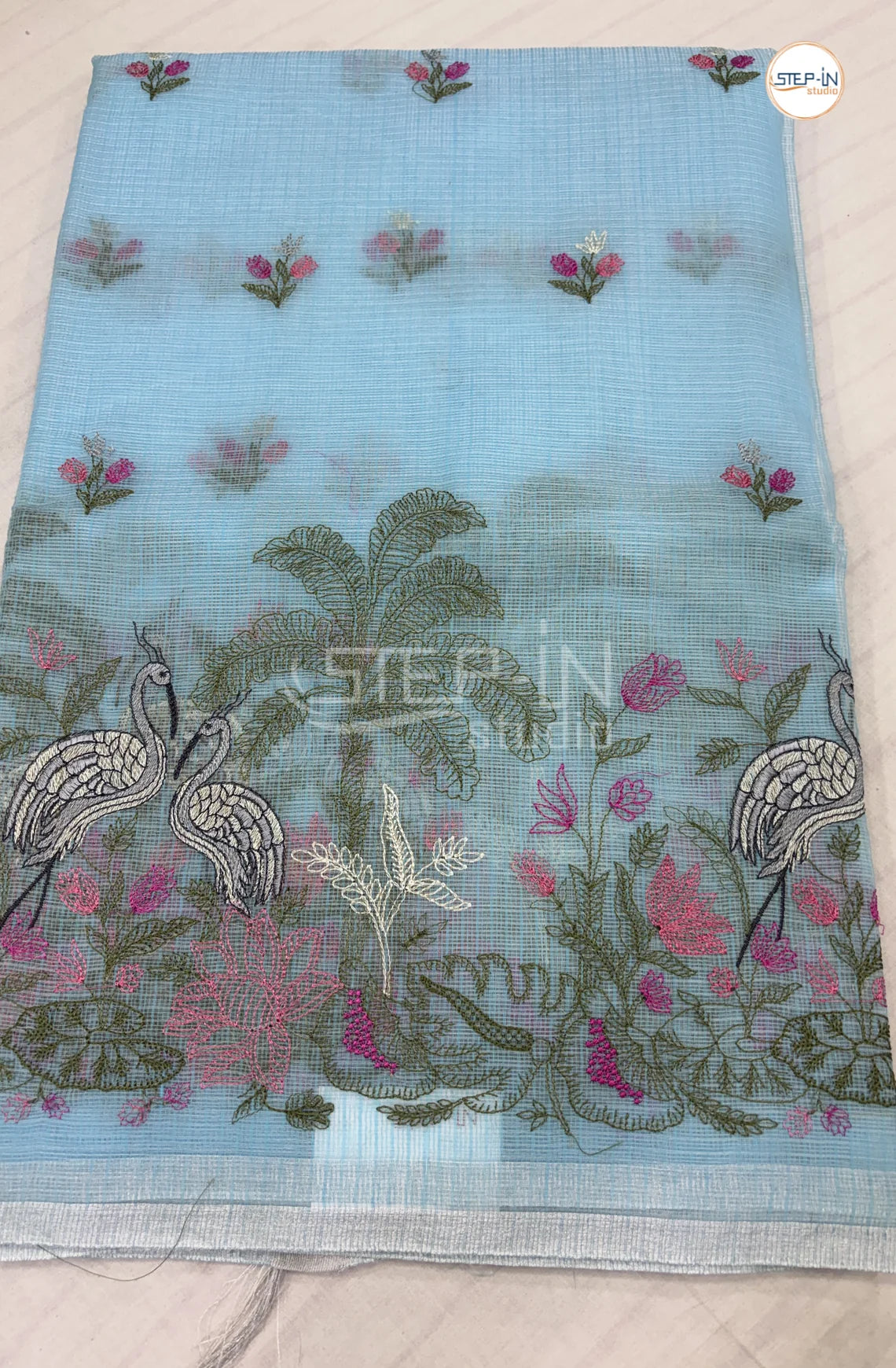 Art Linen Tissue Saree with Embroidery - Sky Blue
