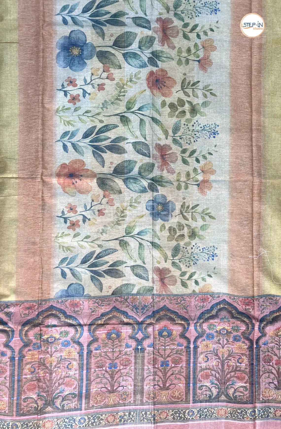 Baswada Linen Abstract Leaf Printed Saree - Pink
