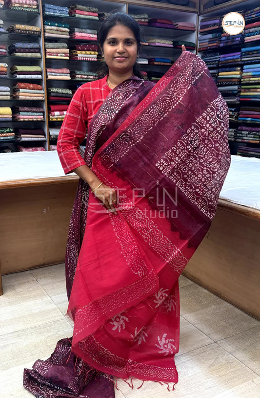 Batik Printed Banswara Cotton Saree - Maroon & Pink