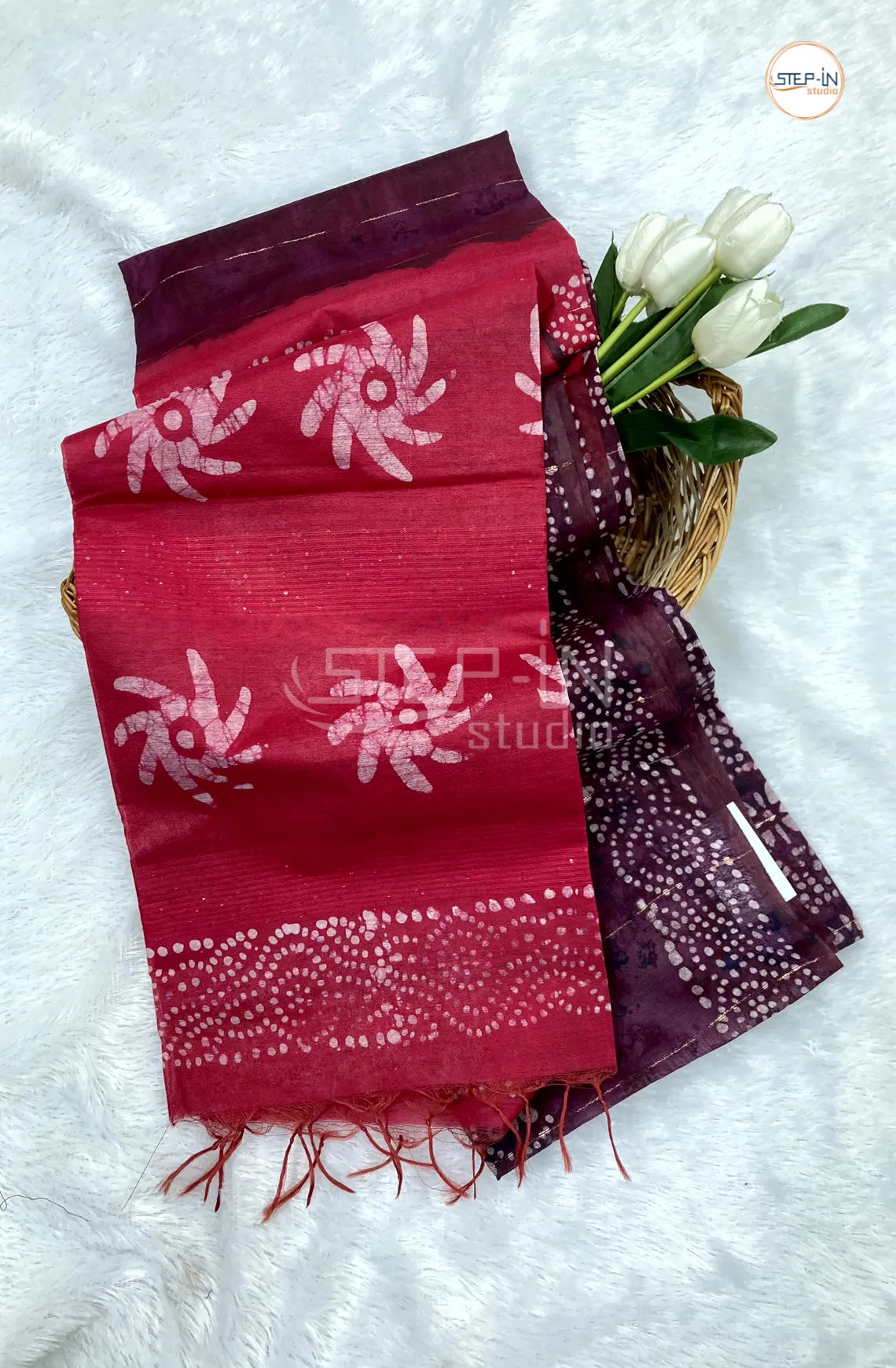 Batik Printed Banswara Cotton Saree - Maroon & Pink