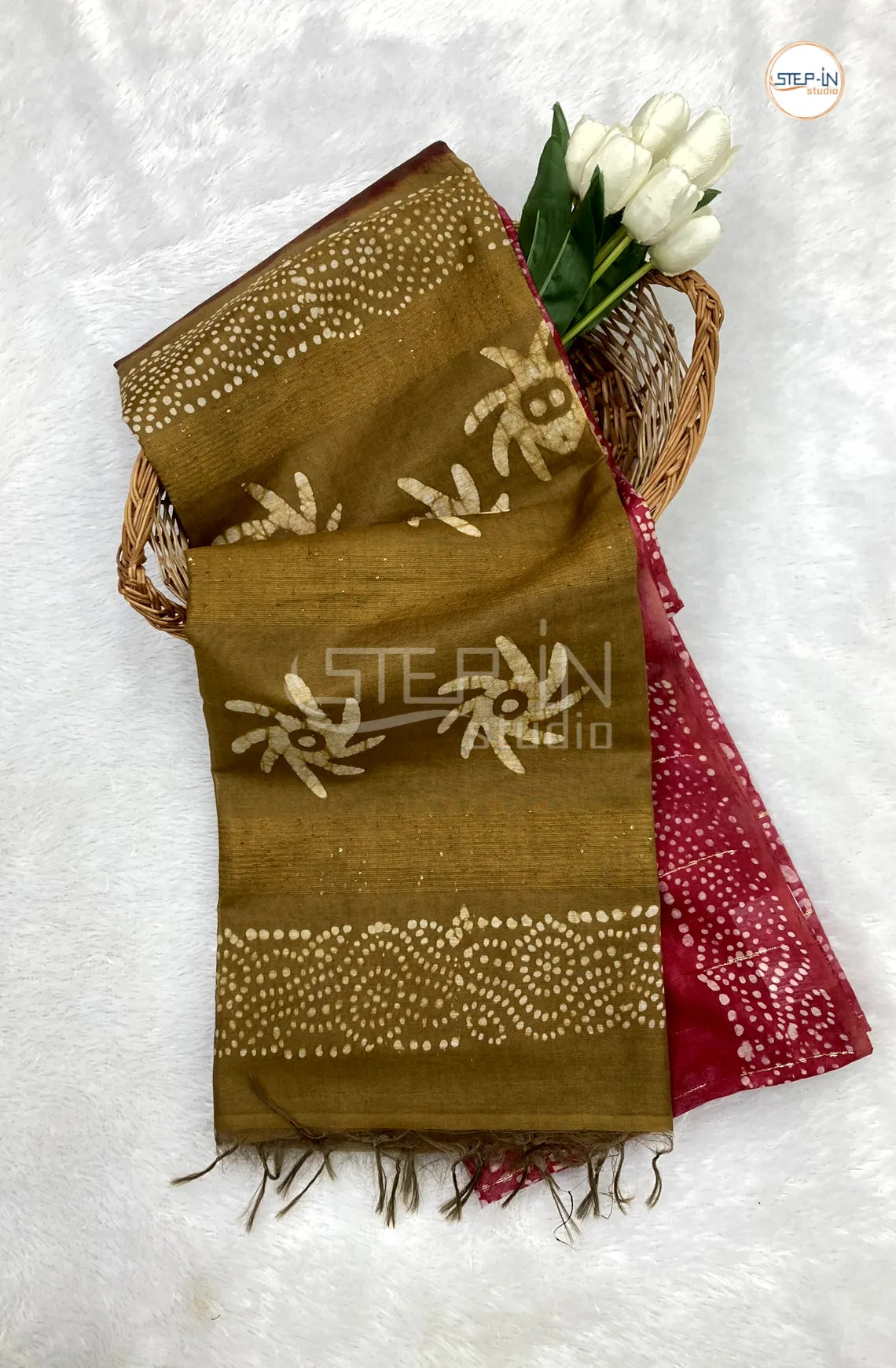 Batik Printed Banswara Cotton Saree - Pink & Cinnamon Brown
