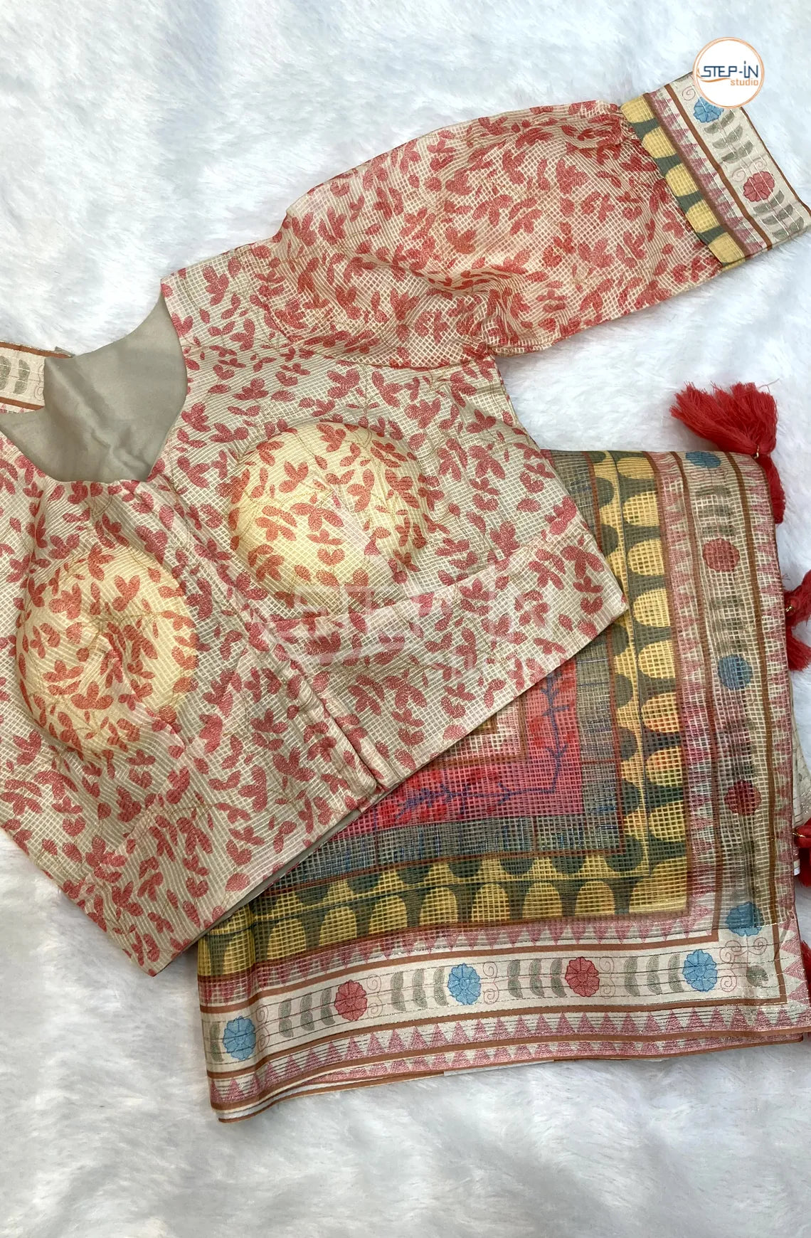 Begie Kota Hand Block Work Saree With Running Pallu and Border & Contrast Printed Readymade Blouse