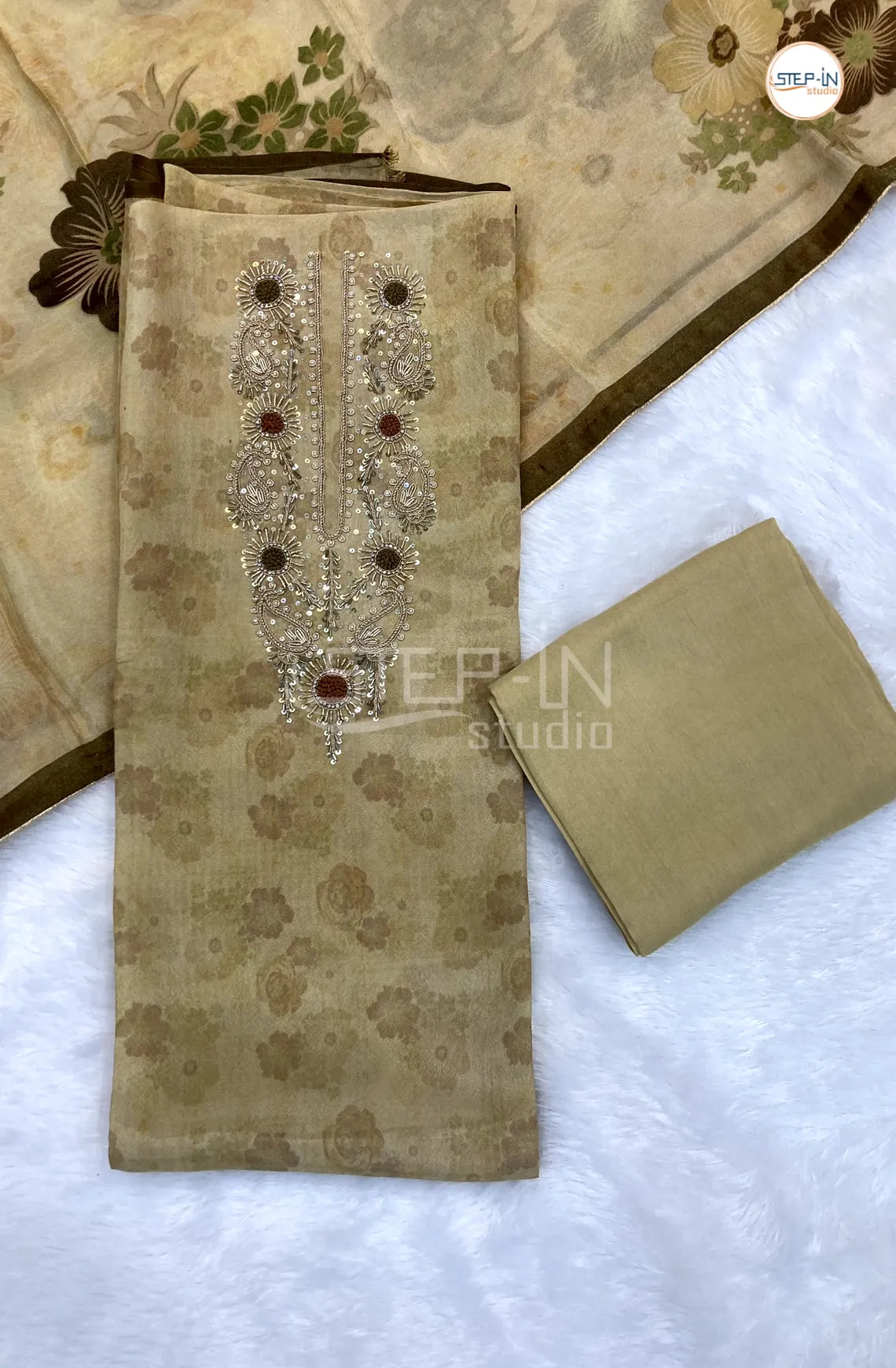 Beige Tussar Neck Stone Work Unstitched Dress Material