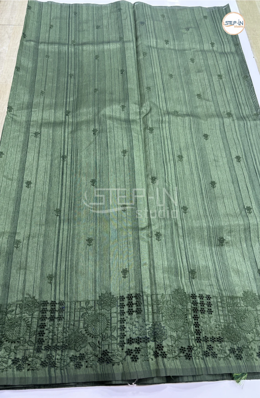 Blended Tussar Saree with Cutwork Border - Green