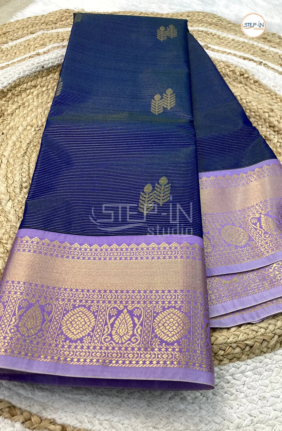 Blue Semi Kanchi Silk Saree With Lavender Contrast Zari Border