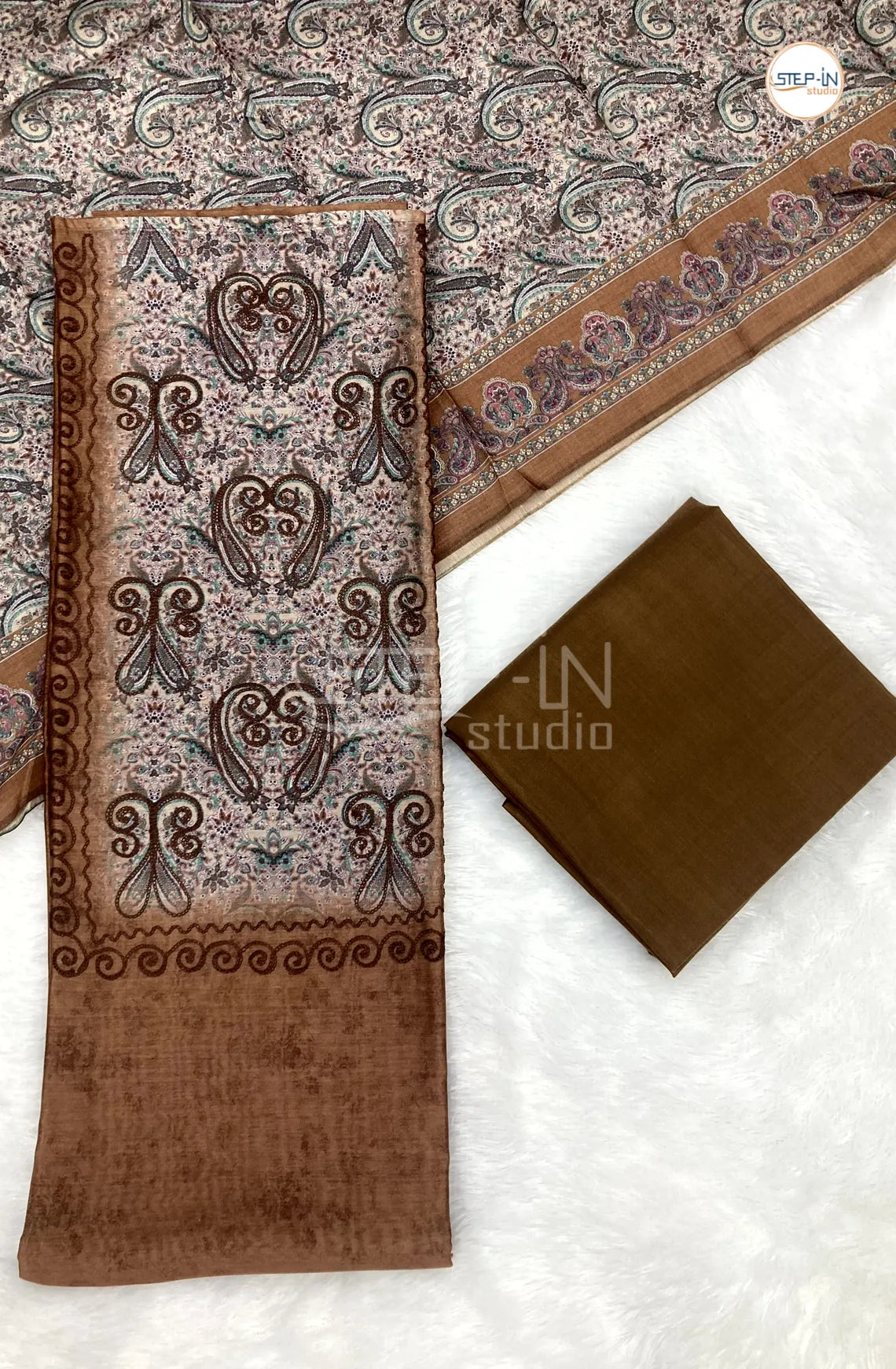 Brown Silk Cotton Neck Print And Embroiderd Work Unstitched Dress Material