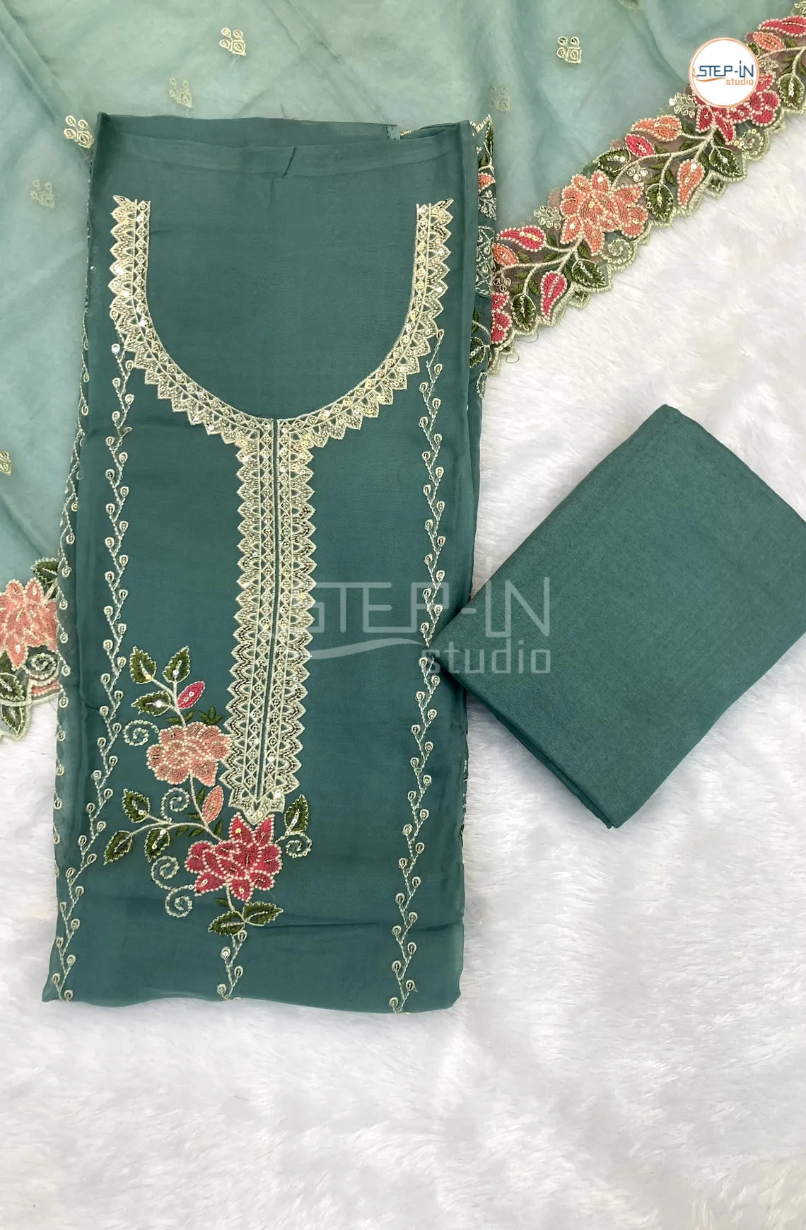 Celadon Green Georgette Neck Embroiderd Work Unstitched Dress Material
