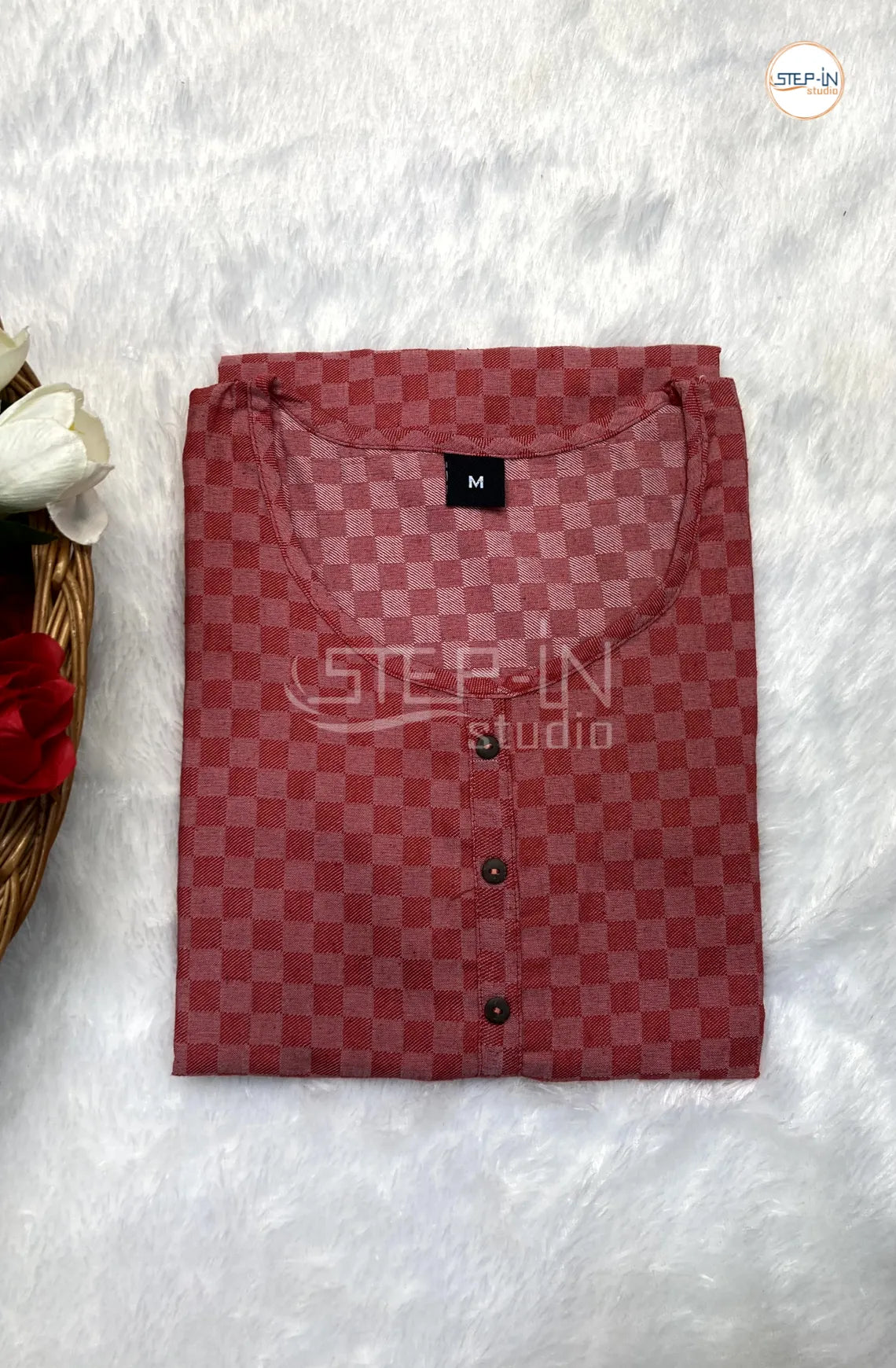 Checked Pure Cotton Top- Light Red
