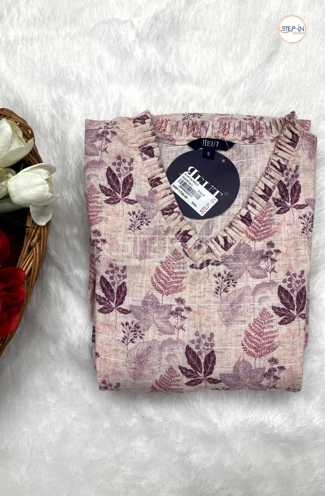 Cotton Printed Neck Work Top - Icy Pink