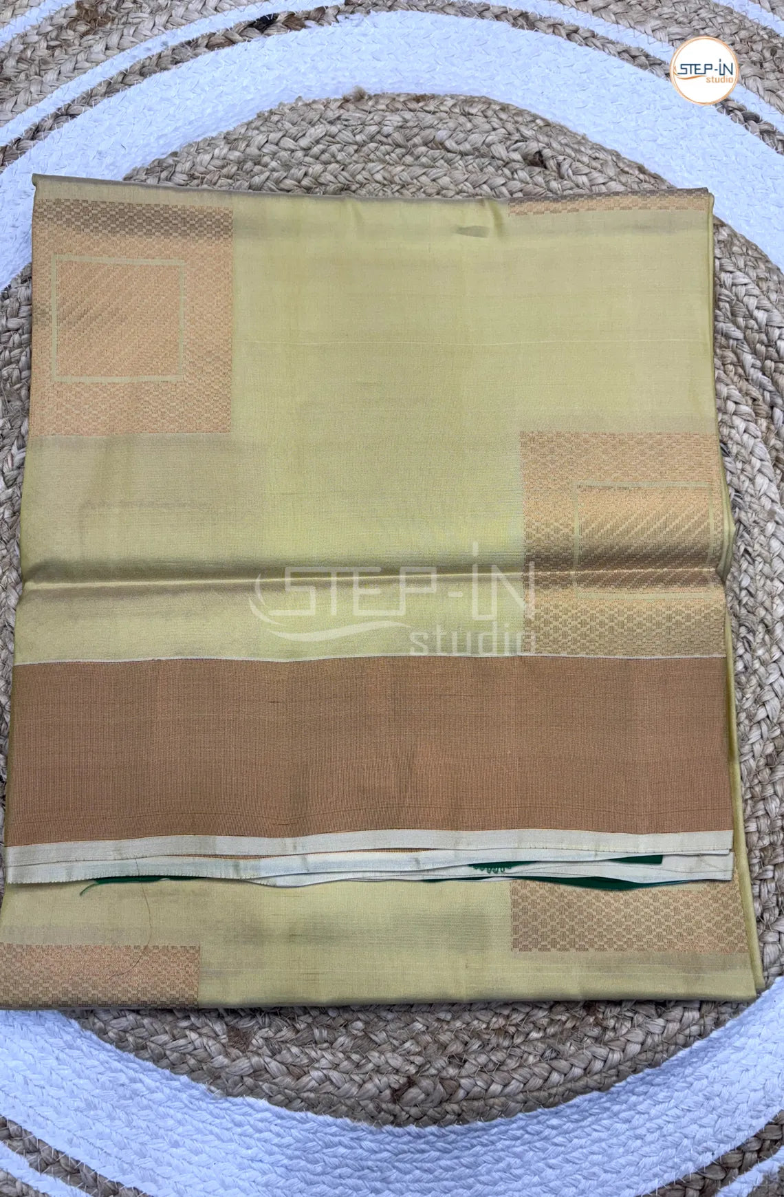 Cream White & Green Floral Square Design Soft Silk Saree With Contrast Blouse and Plain Gold Border & Design Pallu