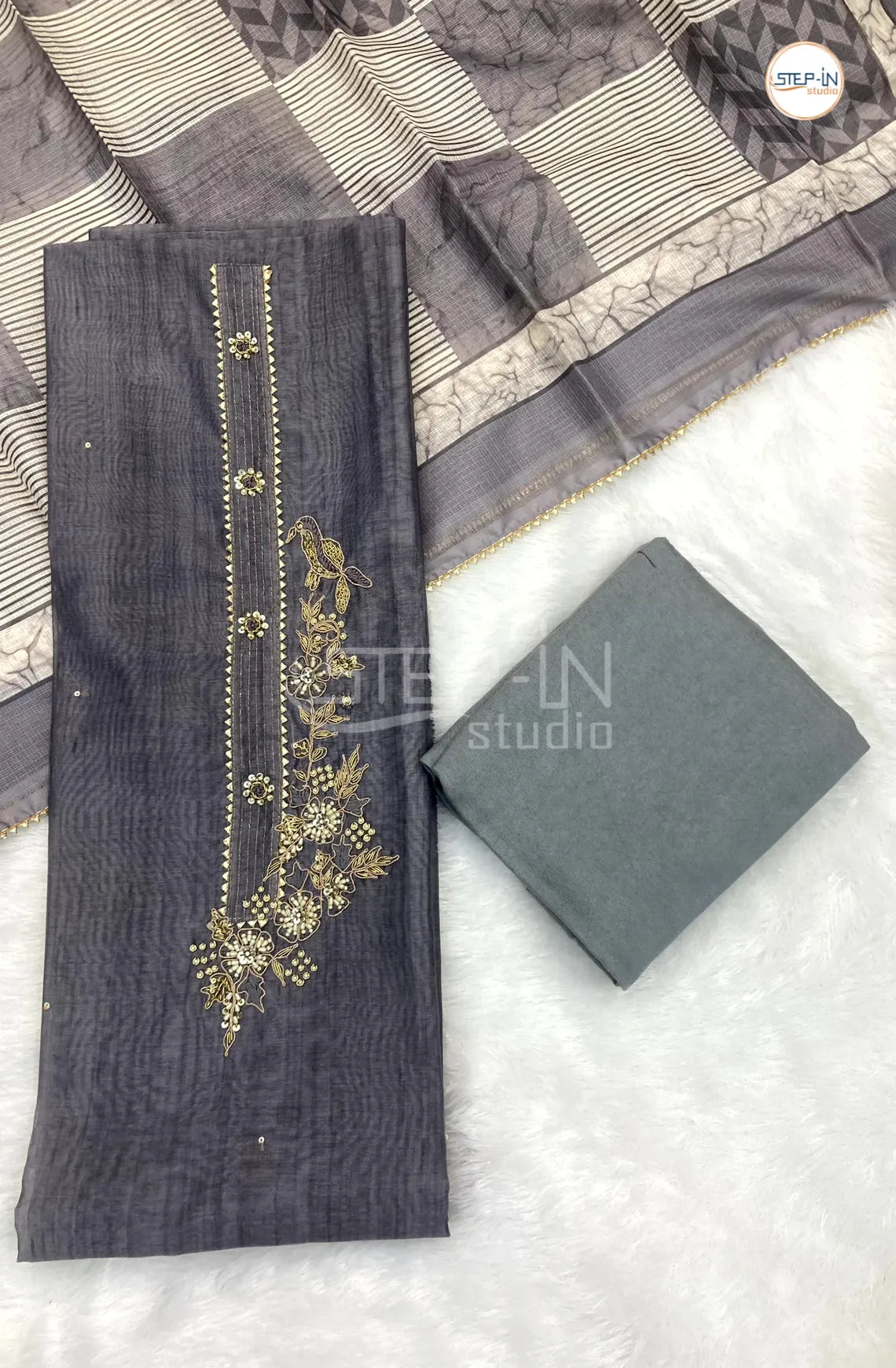 Dark Grey Silk Cotton Neck Stone Work Unstitched Dress Material