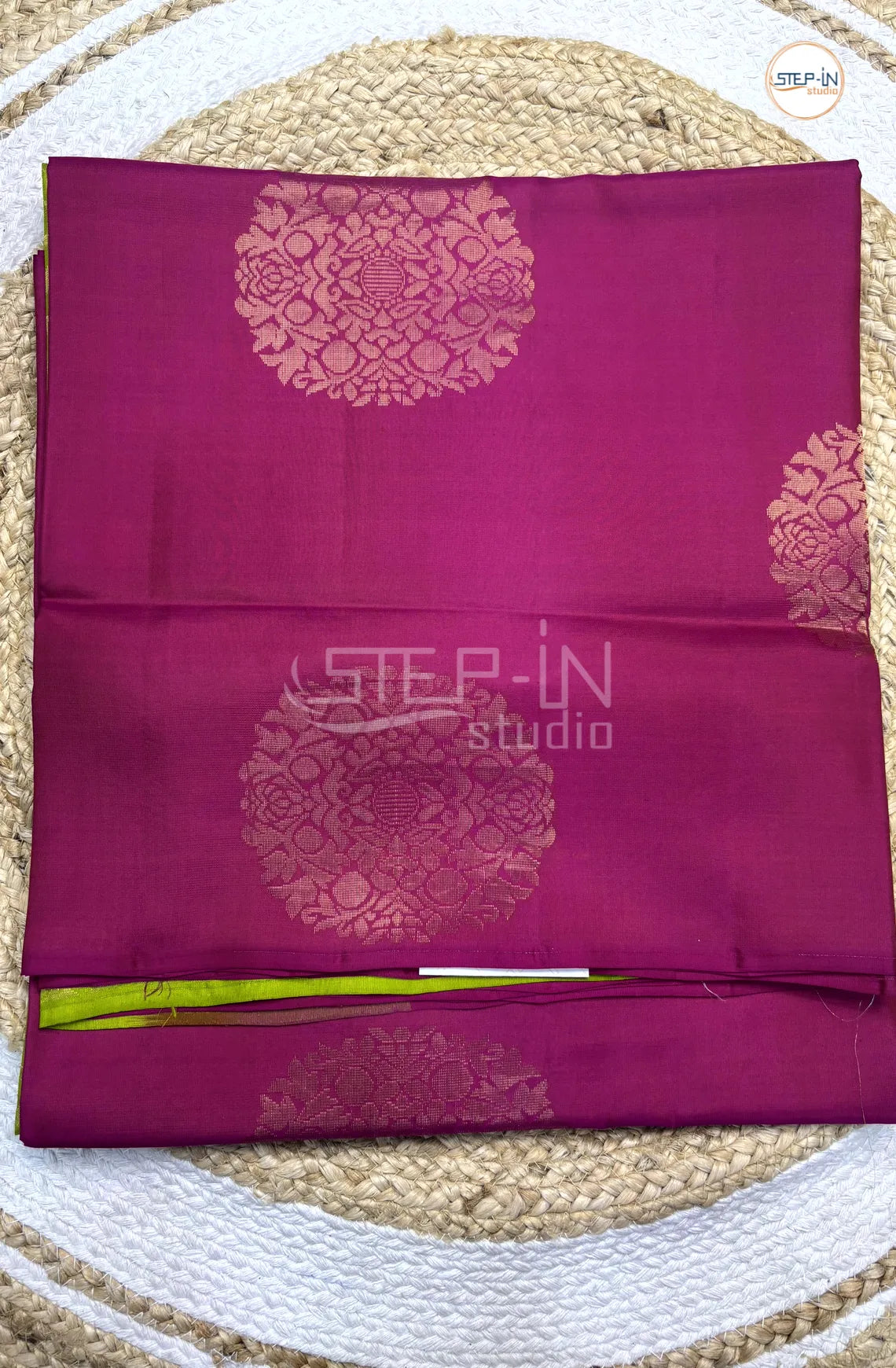 Dark Pink & Lime Green Floral Boota Design Soft Silk Saree With Contrast Blouse and Plain Border & Design Pallu