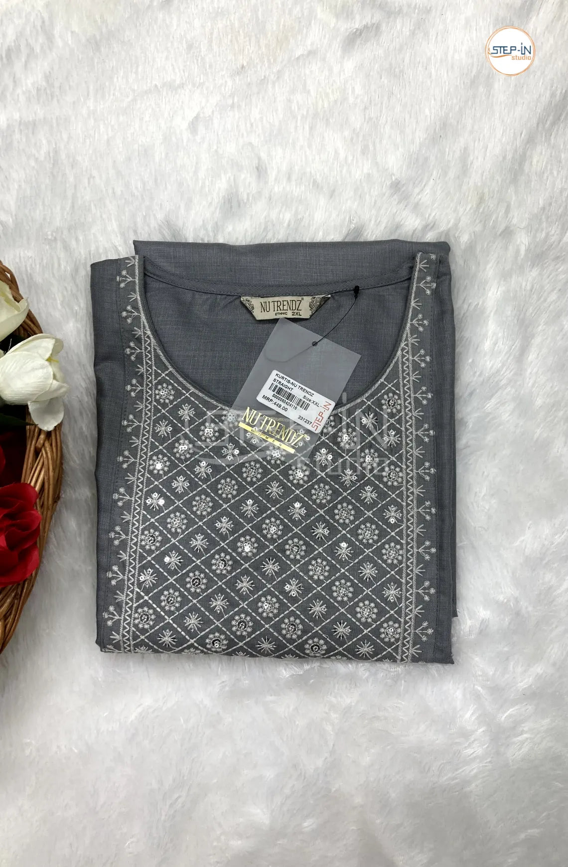 Embellished Silk Neck Work Top - Slate Grey