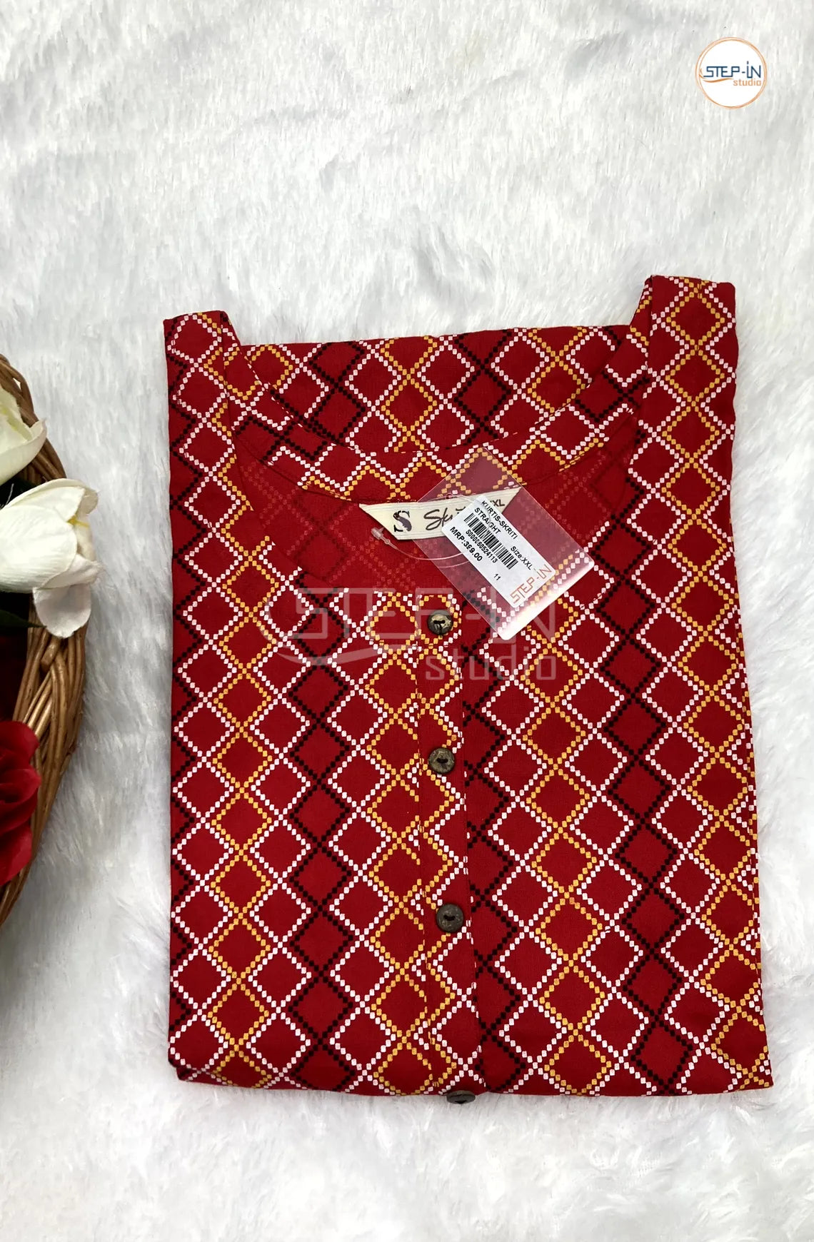 Floral Argyle Printed Cotton Top - Red