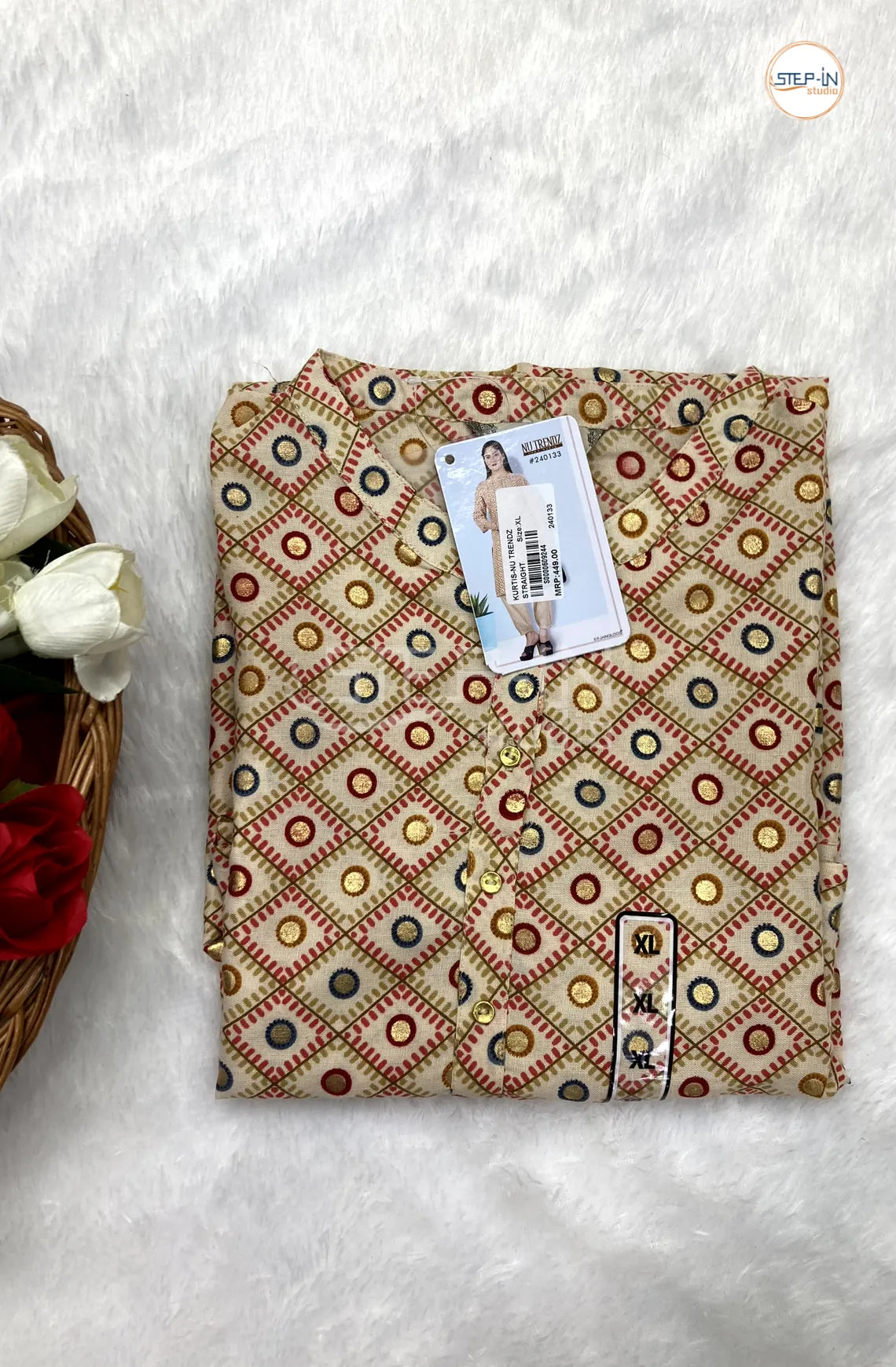 Floral Checked Mandarin Collor Top - Beige