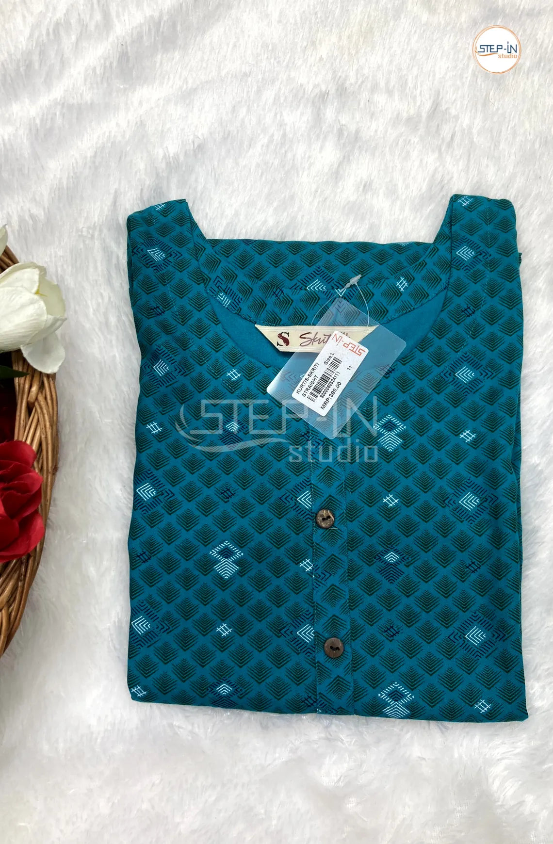 Floral Checked Printed Cotton Top - Sea Blue