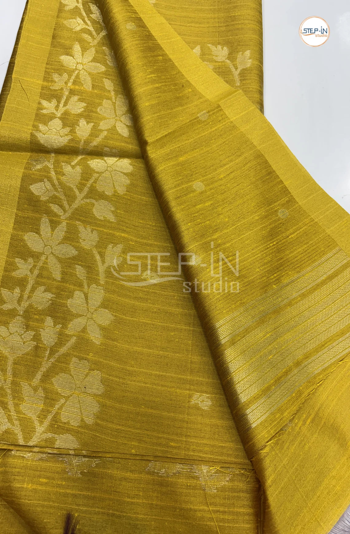 Floral Design Raw Silk Saree - Yellow