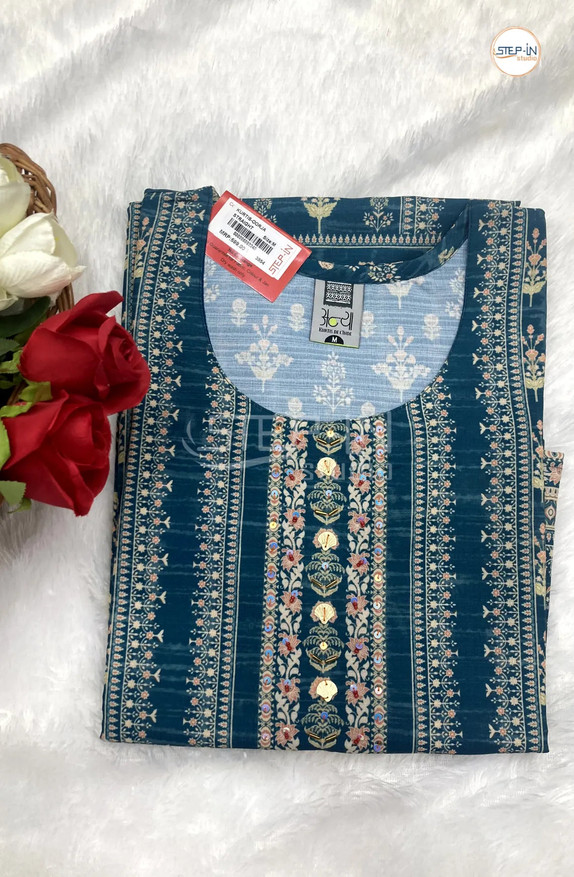 Floral Digital Flower Printed Top - Dark Aqua Blue