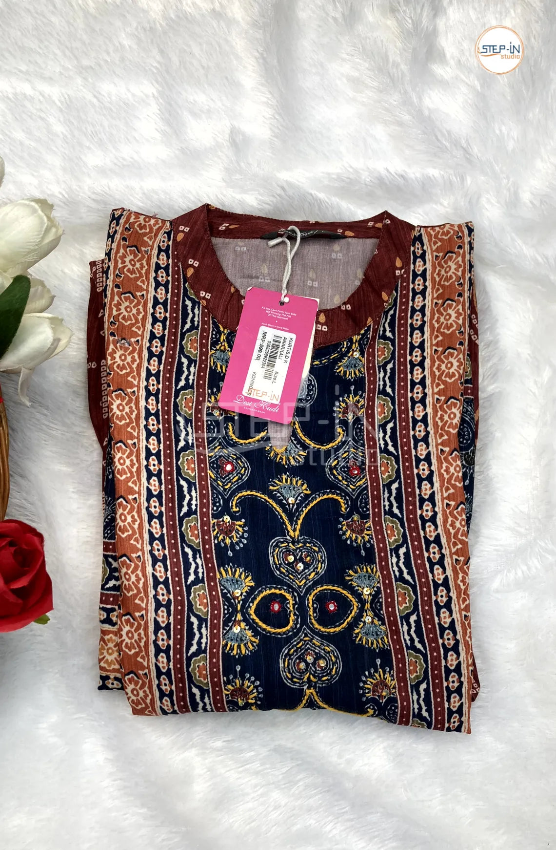 Floral Digital Printed Collor Neck Top- Maroon & Navy