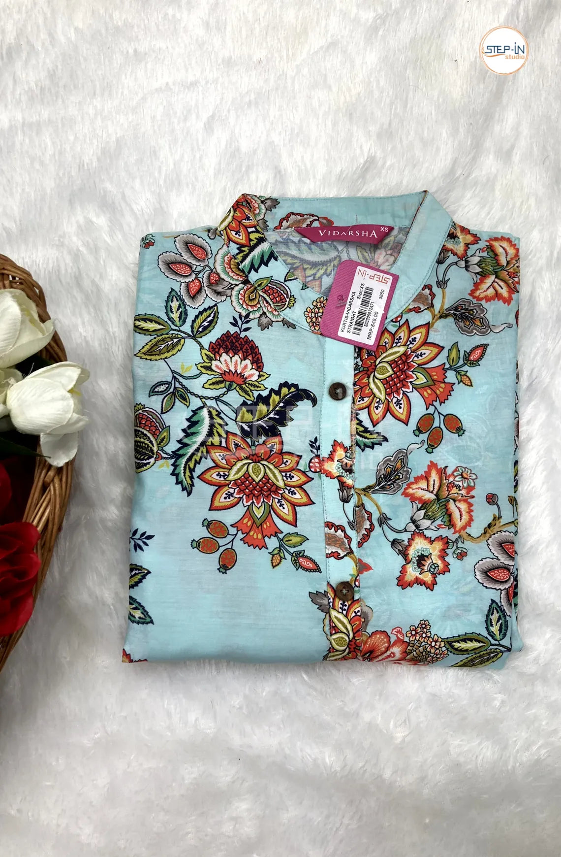 Floral Digital Printed Collor Neck Top - Sea Blue