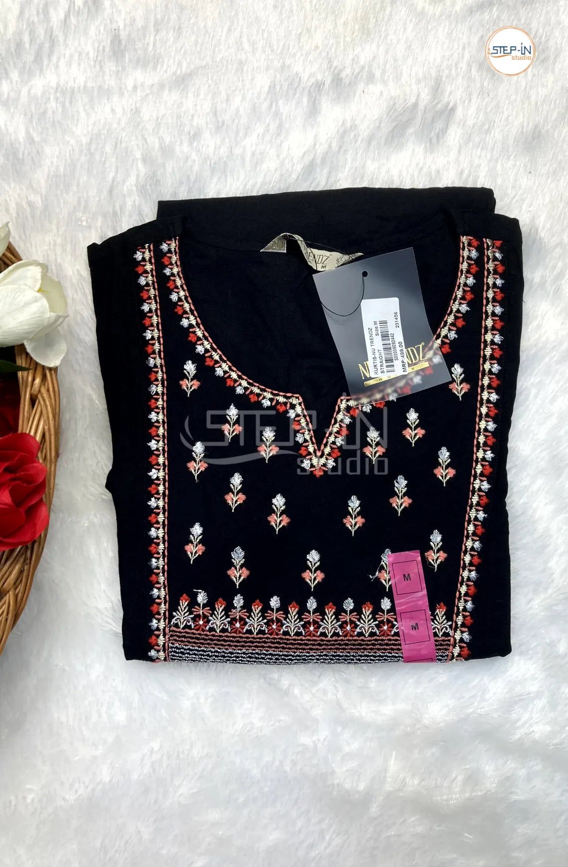 Floral Embroiderd Neck Design Top- Black