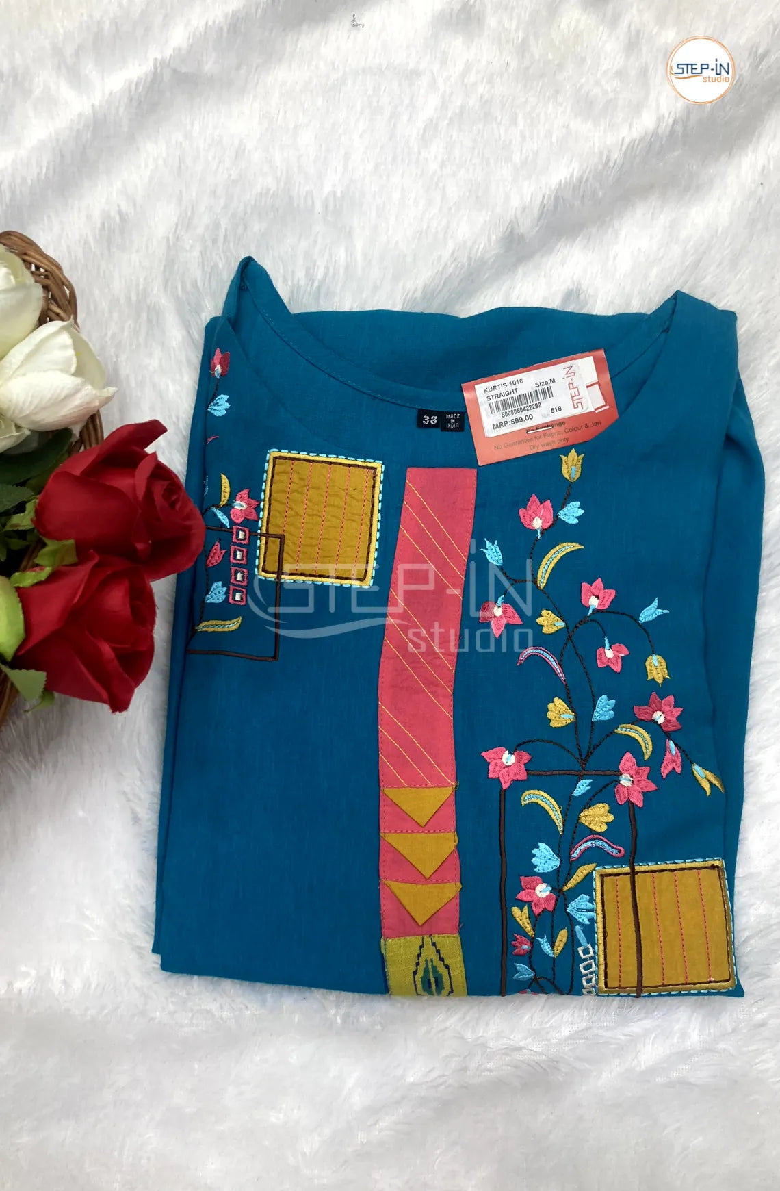 Floral Embroidred Cotton Top - Dark Tornado Blue