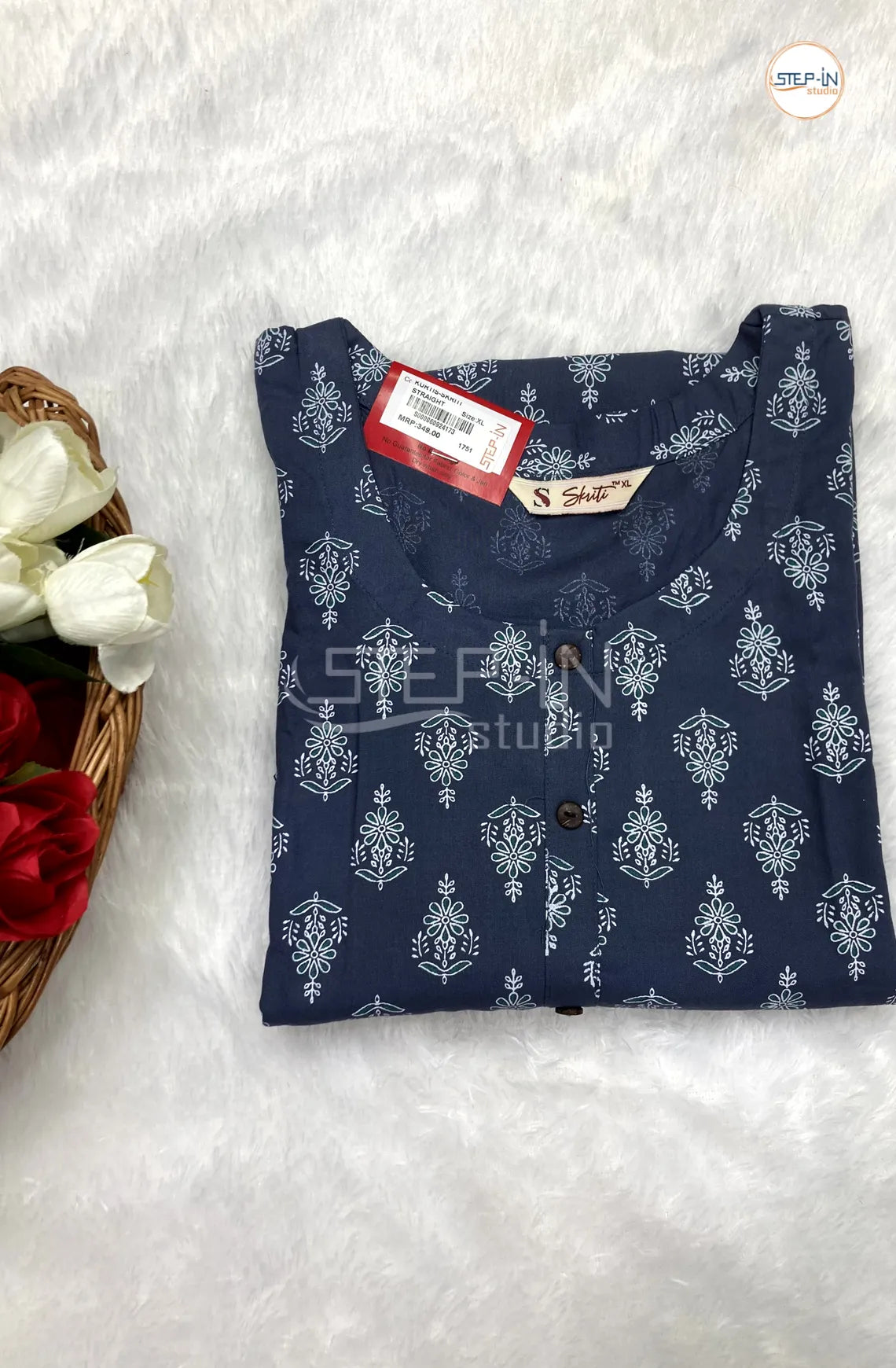 Floral Flower Printed Cotton Top - Dark Slate Blue