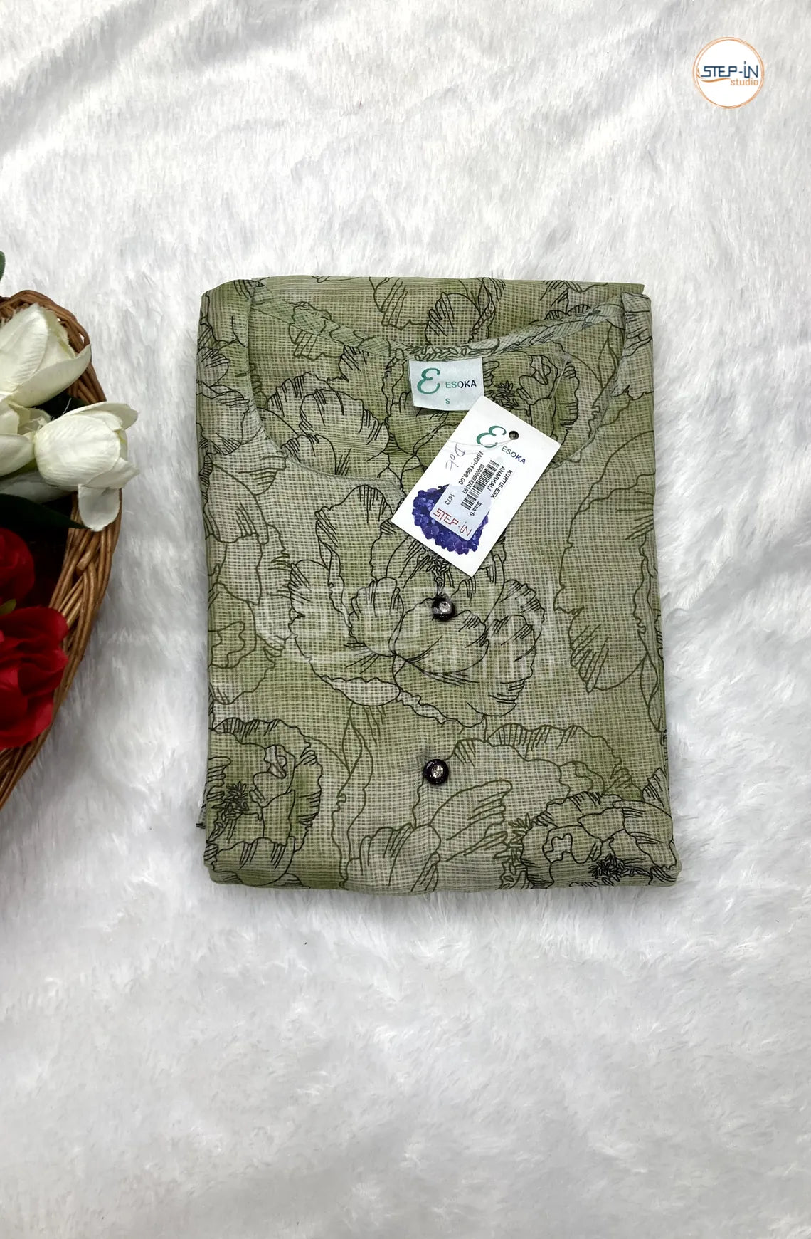 Floral Flower Printed Cotton Top - Moss Green