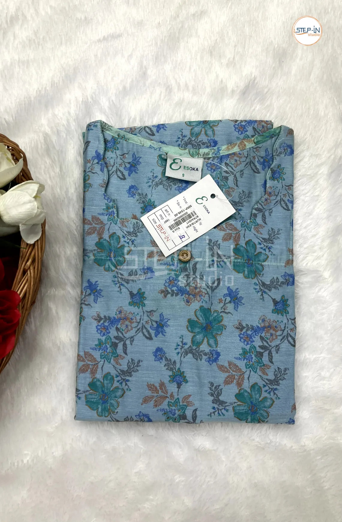 Floral Flower Printed Cotton Top - Sky Blue