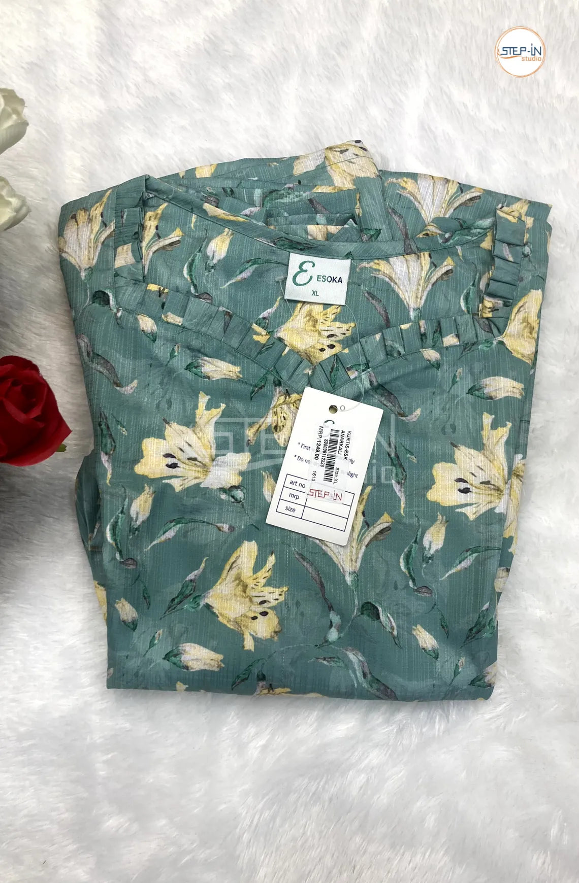 Floral Flower Printed Neck Design Top -Dark sea green