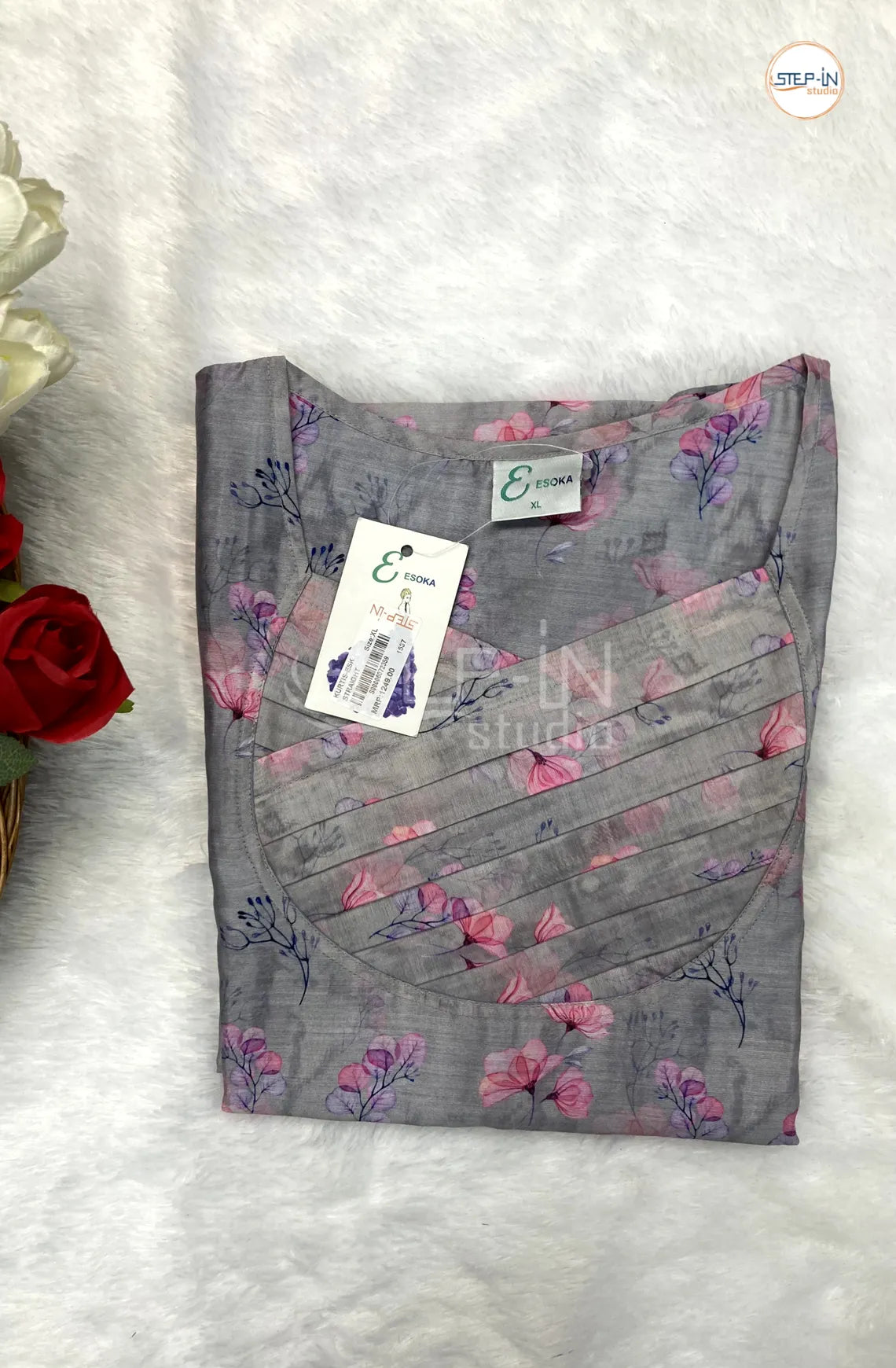 Floral Flower Printed Neck Design Top - Grey & Light Pink