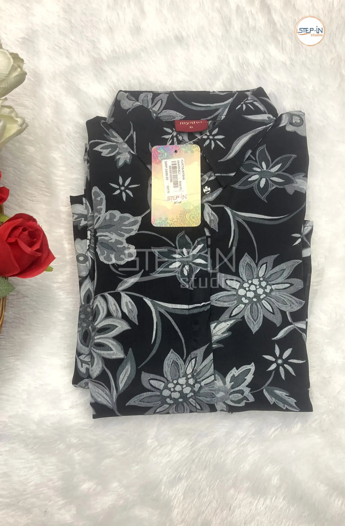 Floral Flower Printed Shirt Collor Top - Black