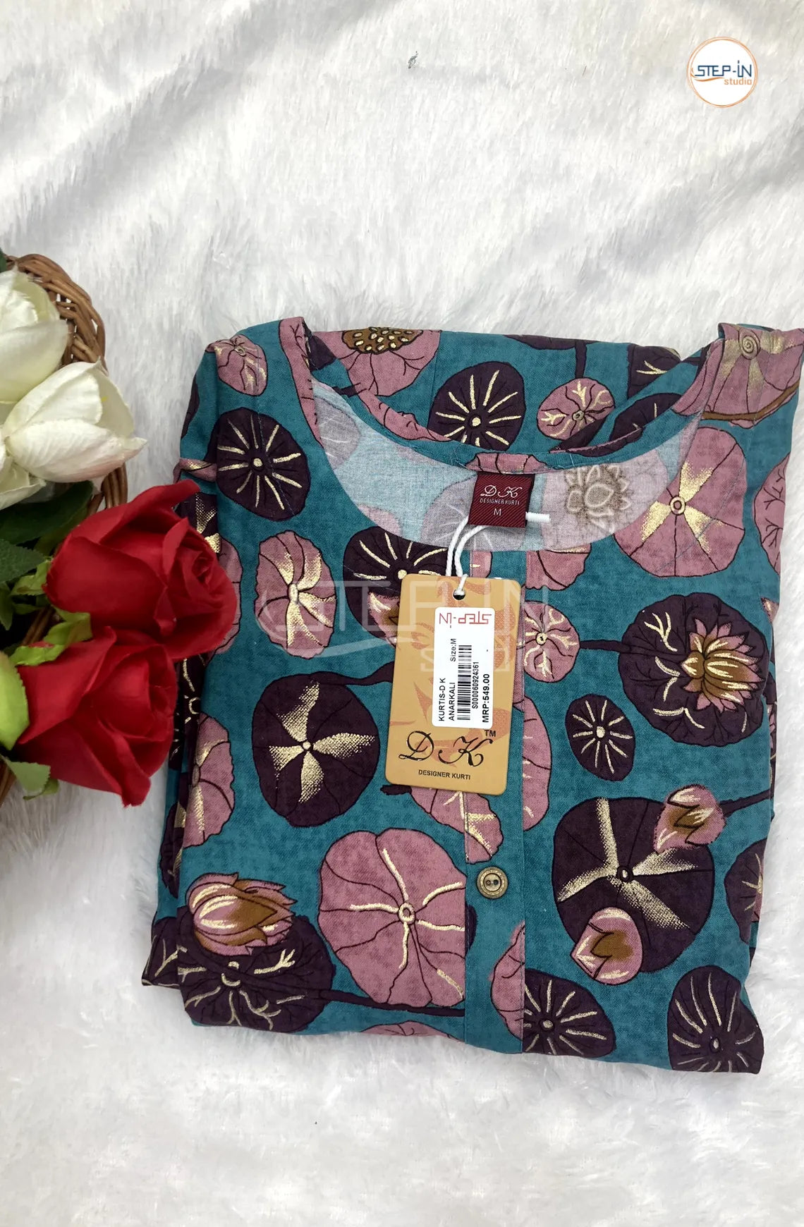 Floral Flower Printed Top - Tornado Blue & Brown