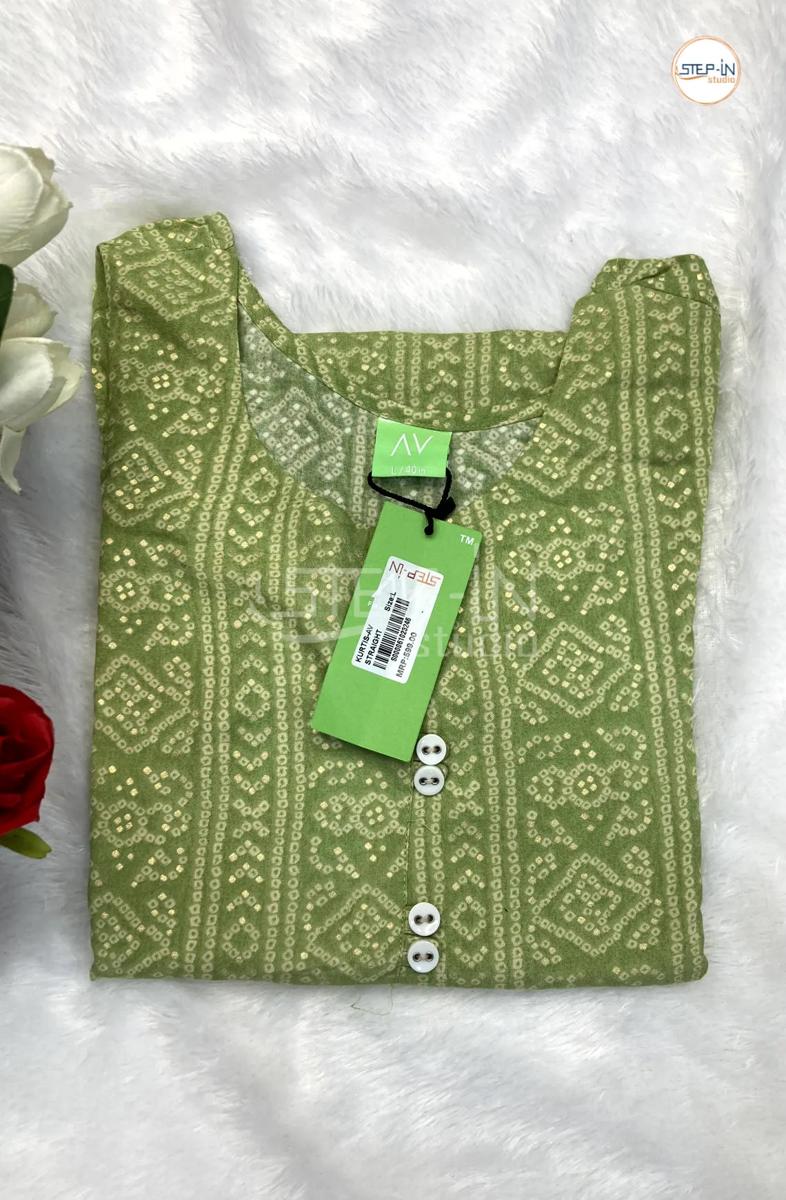 Floral Ikat Printed CottonTop - Dark Pista Green