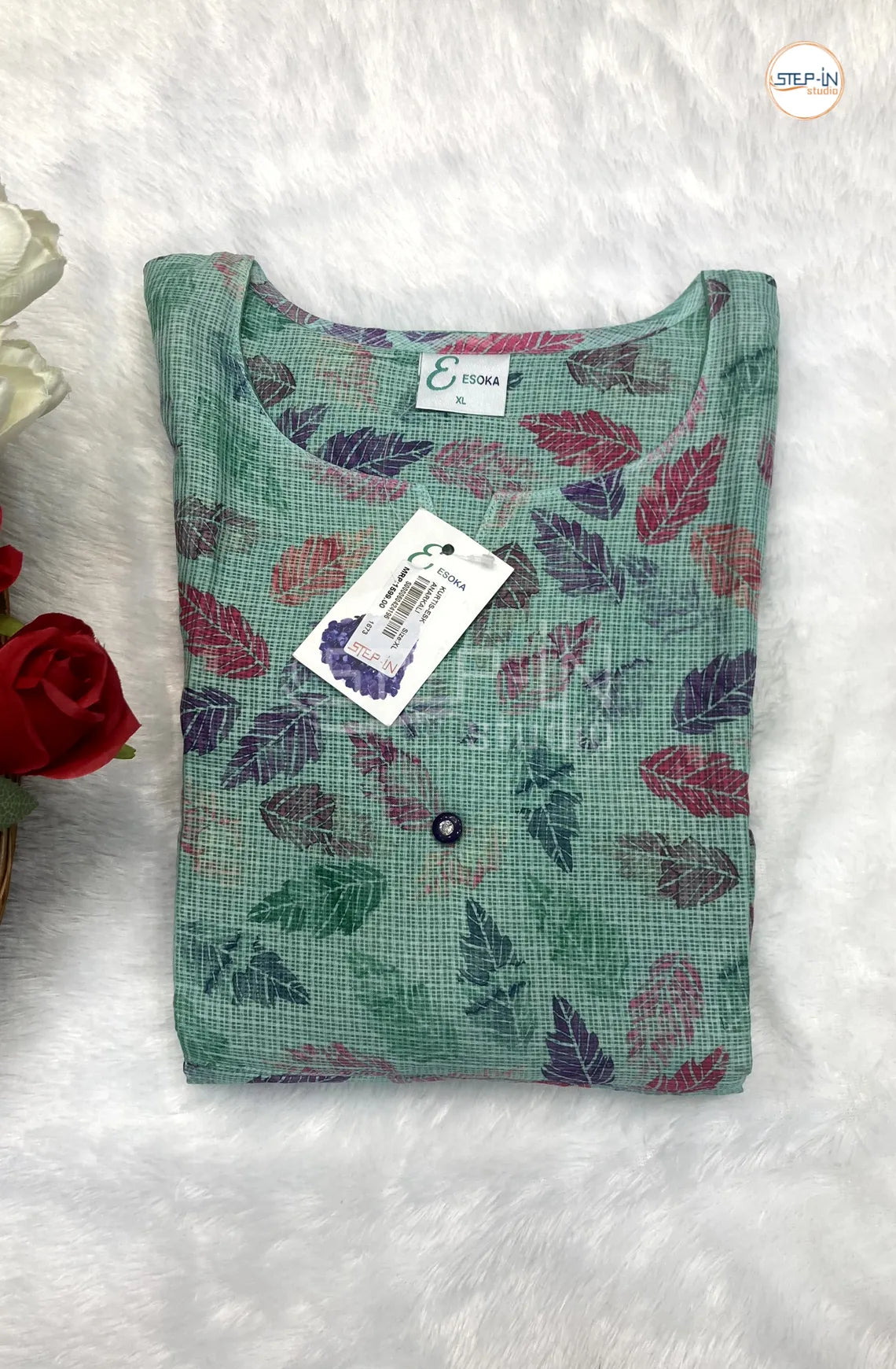 Floral Leaf Printed Mini Checked Top - Mint Green