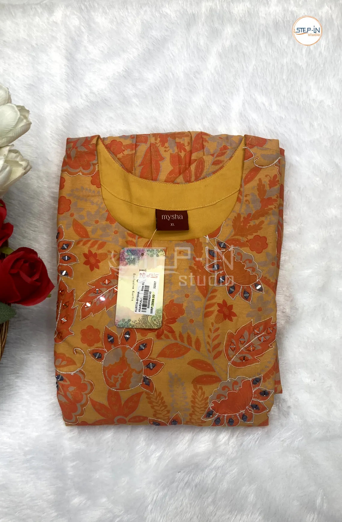 Floral Leaf Printed Mirror Work Top - Orange & Mustard
