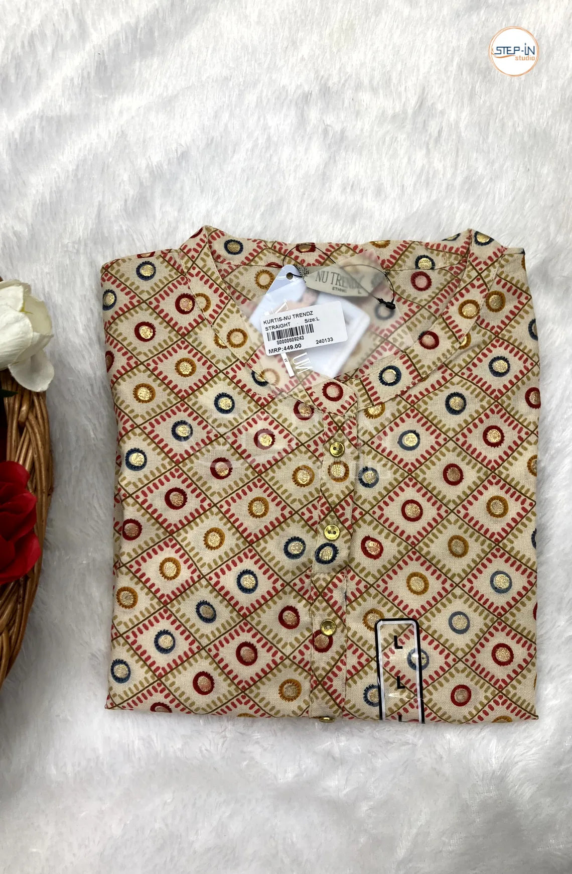 Floral Checked Mandarin Collar Top - Beige