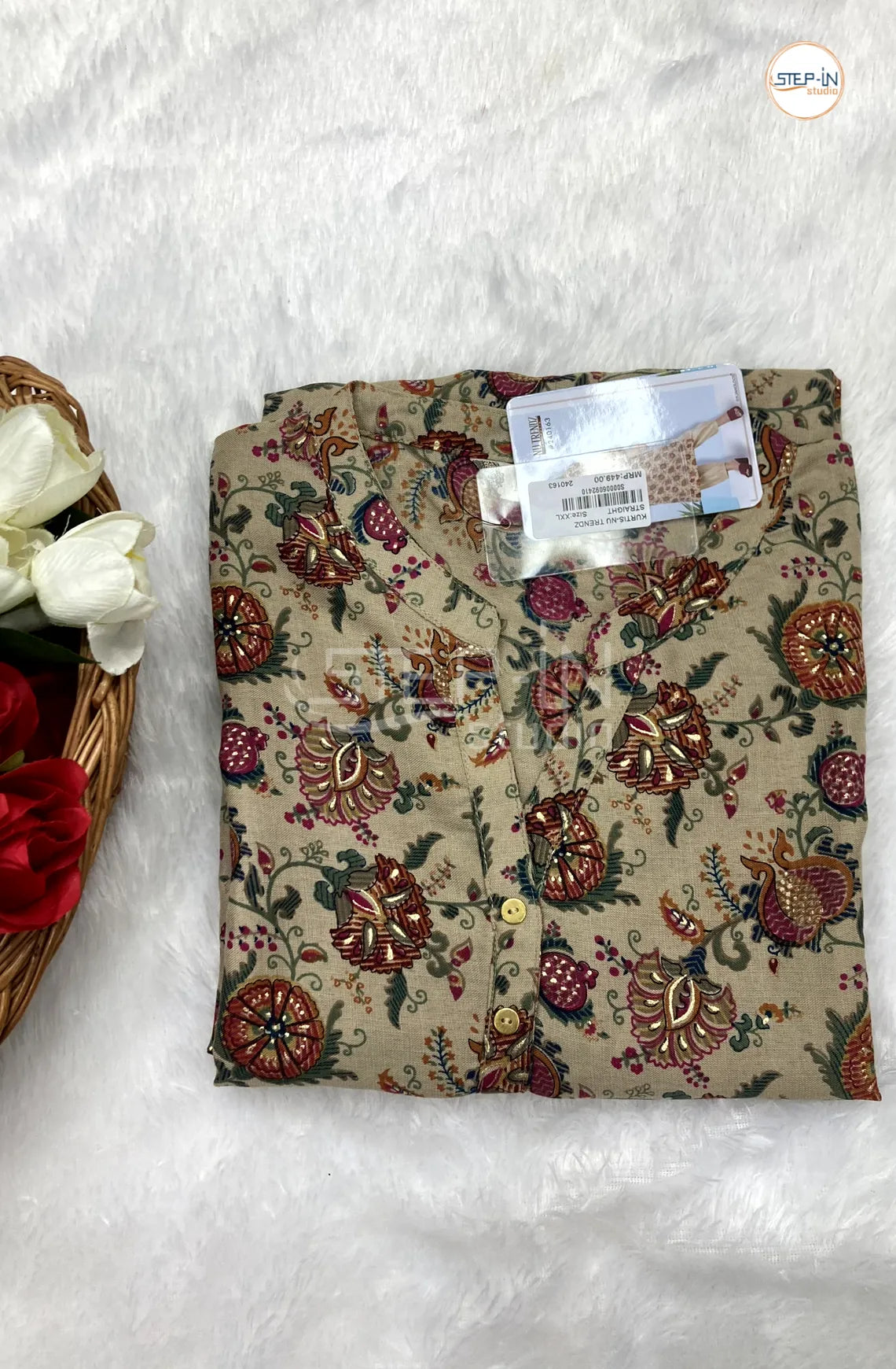 Floral Mandarin Collor Flower Printed Top - Soft Pine Green