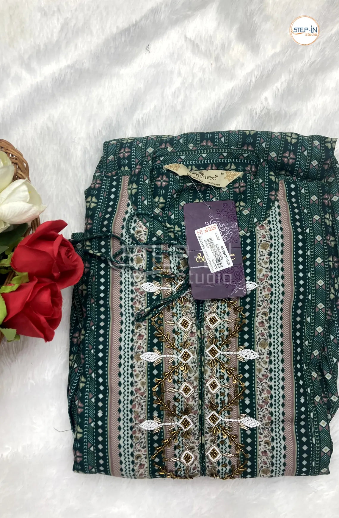 Floral Neck Stone Work Cotton Top - Hunter Green