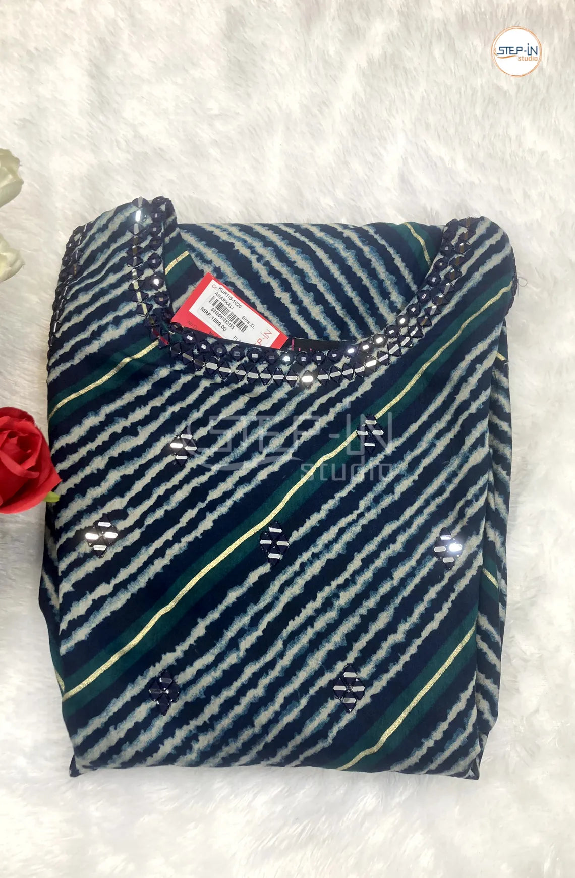 Floral Pinstripes Printed Mirror Work Top - Green & Navy