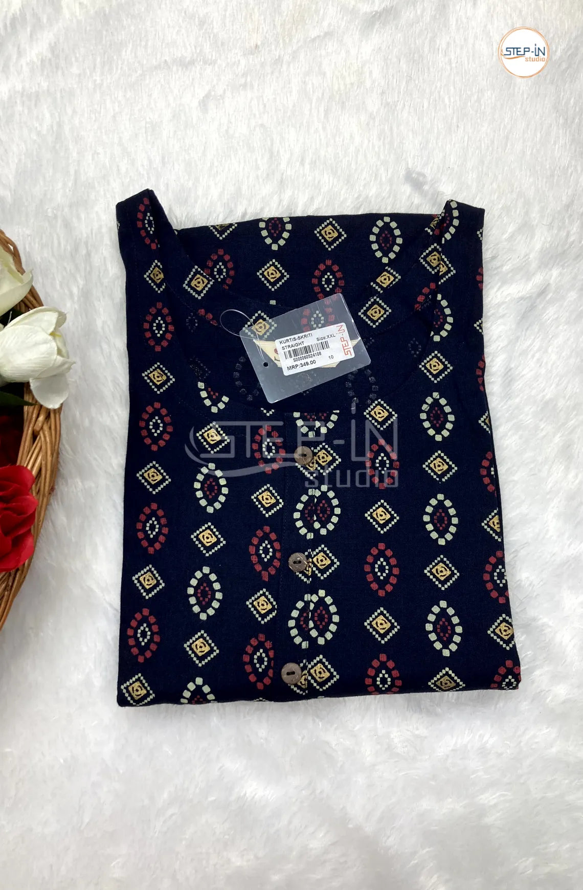 Floral Printed Cotton Top -Dark uniform blue
